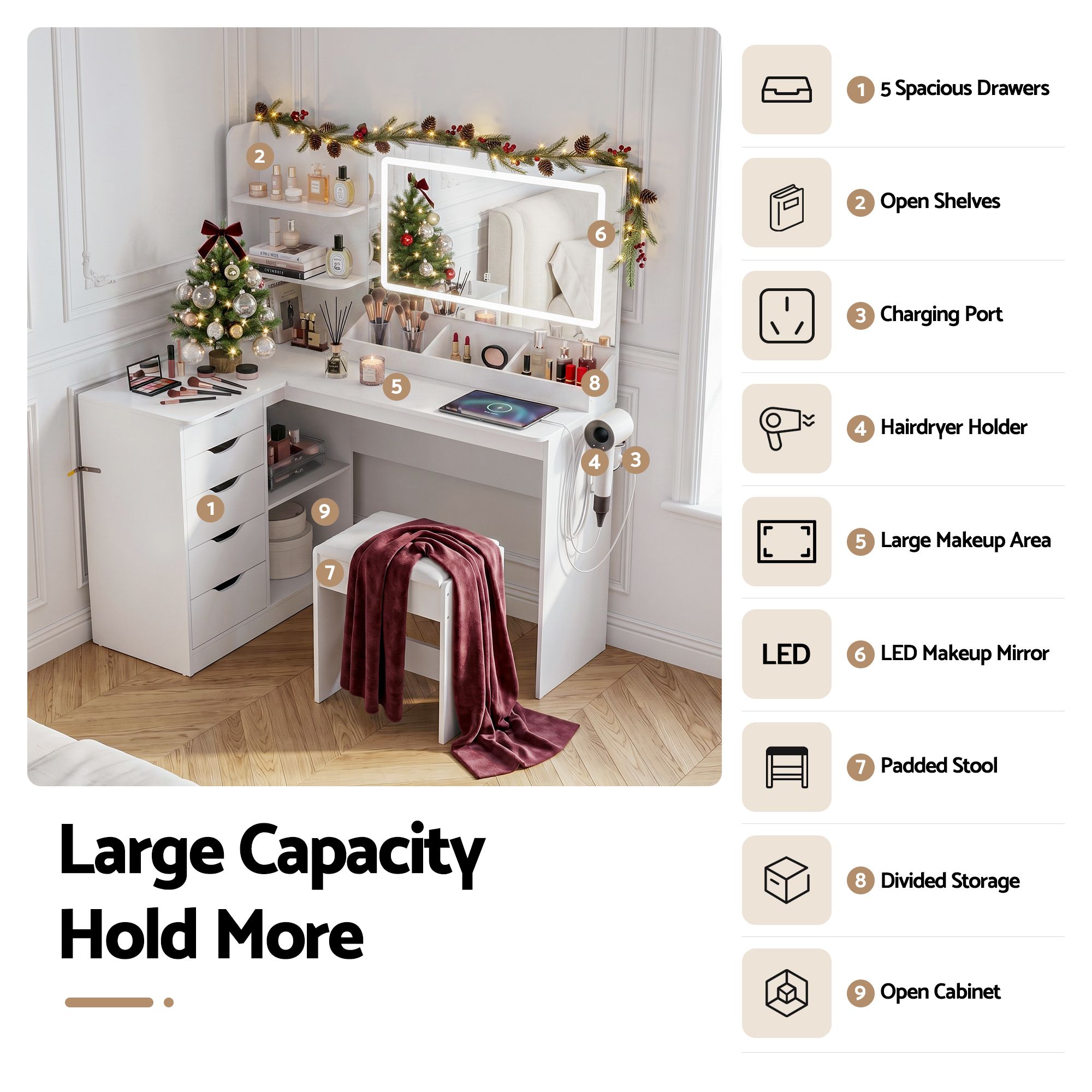 Artiss Dressing Table Corner Vanity Desk Set Stool LED Charging Station White - Image 6
