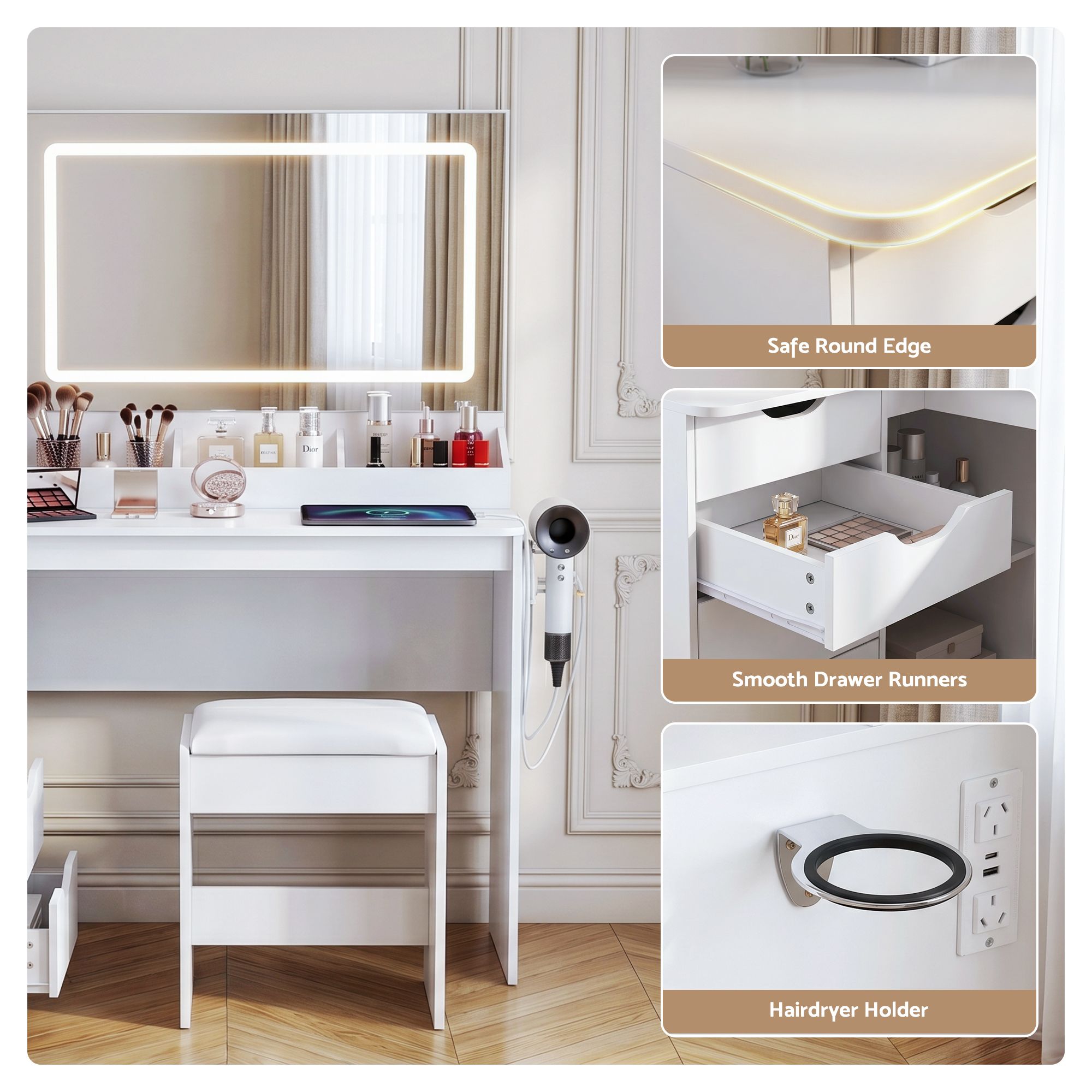 Artiss Dressing Table Corner Vanity Desk Set Stool LED Charging Station White - Image 8
