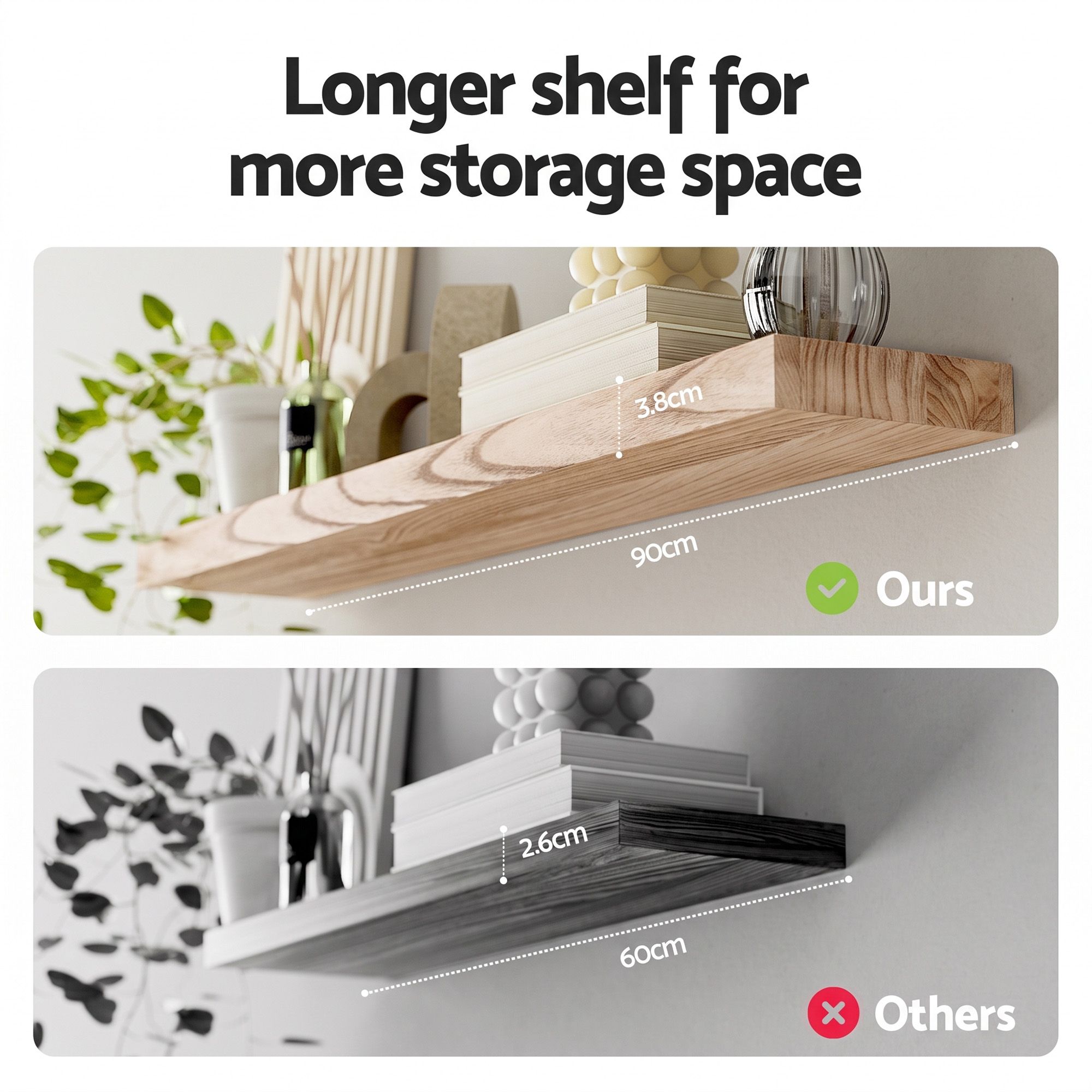 Artiss Floating Wall Shelf Set of 2 Wood 90CM - Image 5