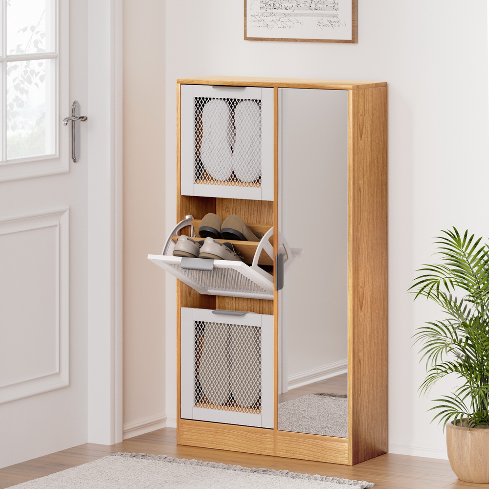 Artiss Shoe Rack Cabinet Mirror White - Image 1