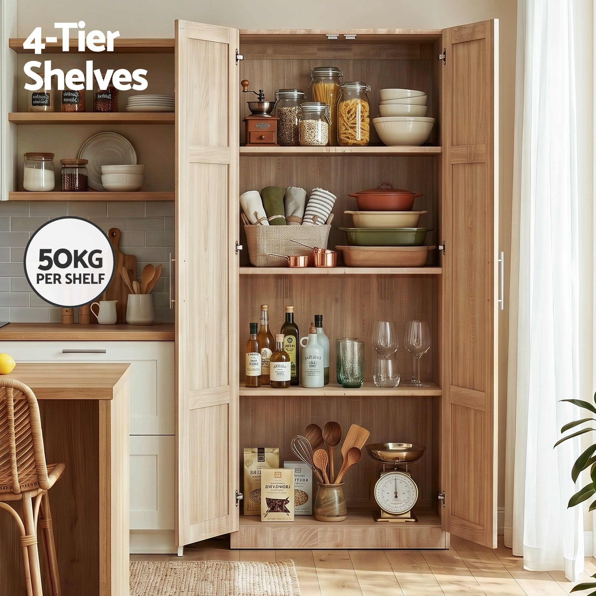 Artiss 2x Buffet Sideboard Cabinet Pantry Hutch Kitchen Storage Organiser Pine - Image 6