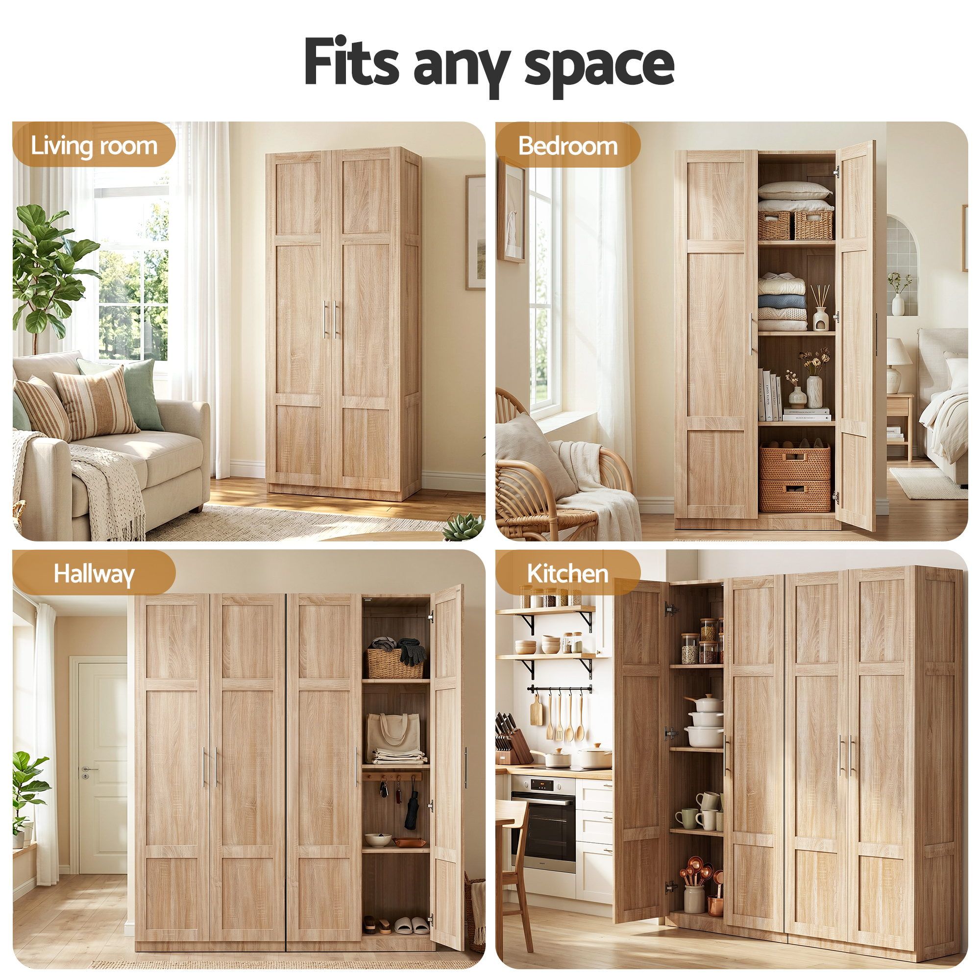 Artiss 2x Buffet Sideboard Cabinet Pantry Hutch Kitchen Storage Organiser Pine - Image 8
