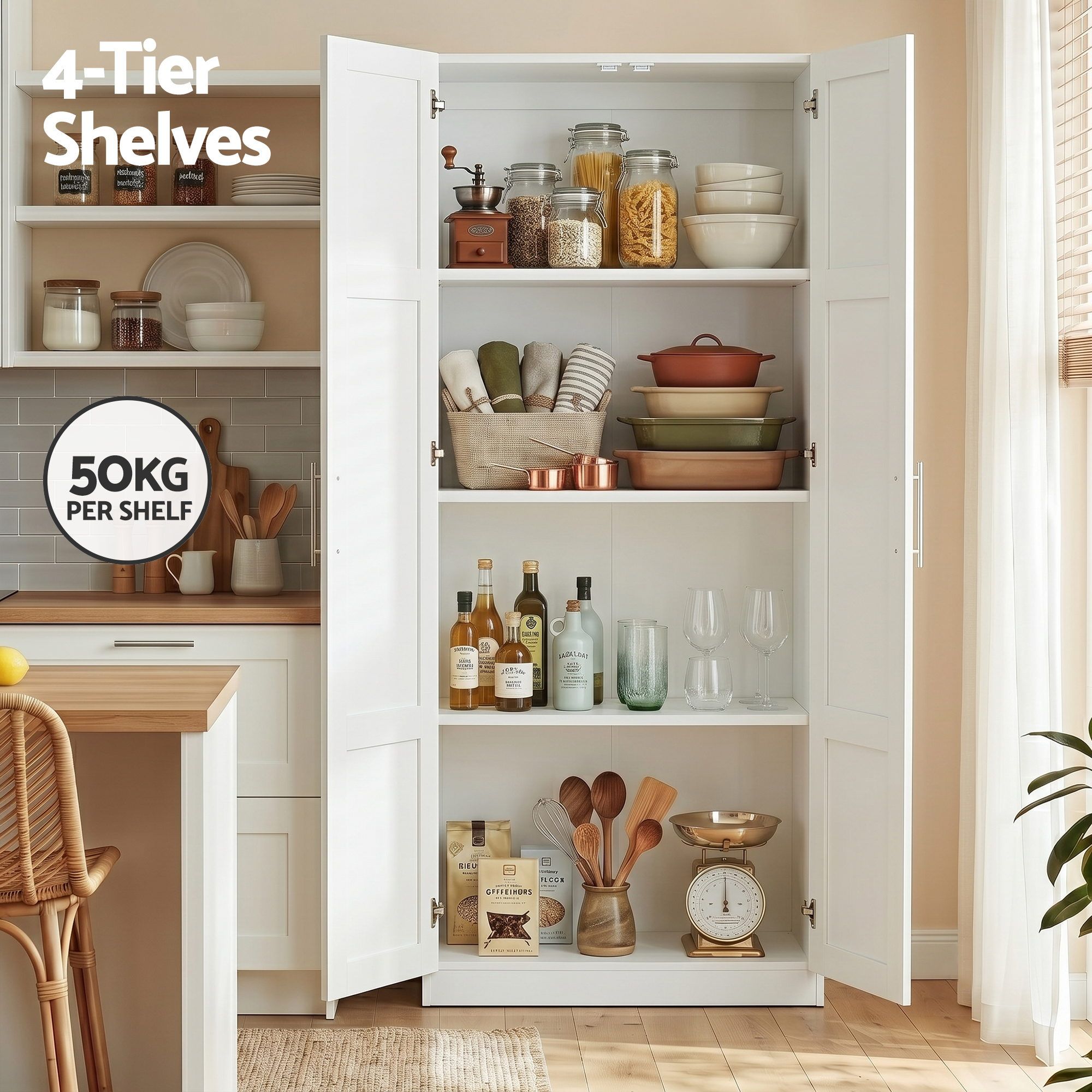 Artiss 2x Buffet Sideboard Cabinet Pantry Hutch Kitchen Storage Organiser White - Image 6