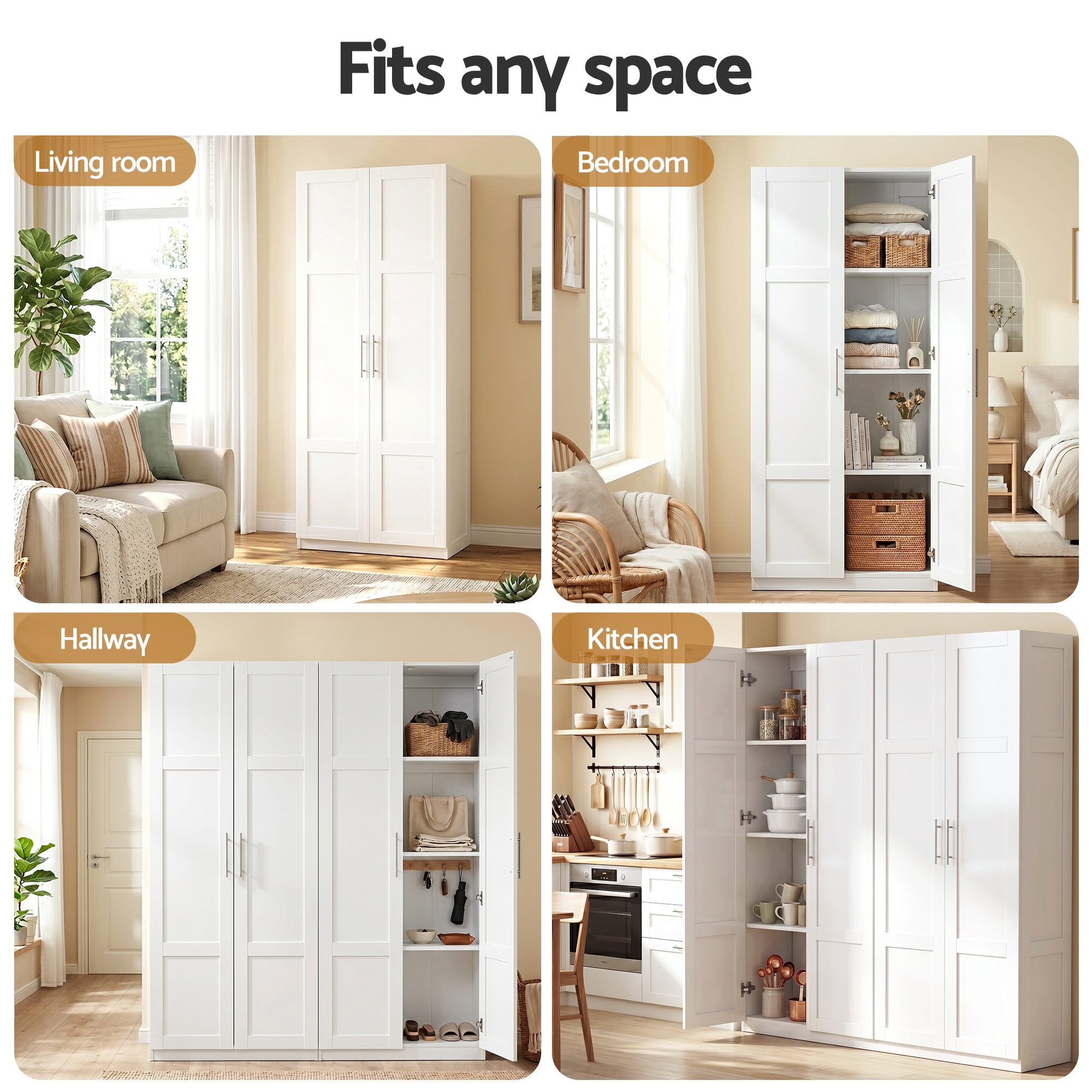 Artiss 2x Buffet Sideboard Cabinet Pantry Hutch Kitchen Storage Organiser White - Image 8