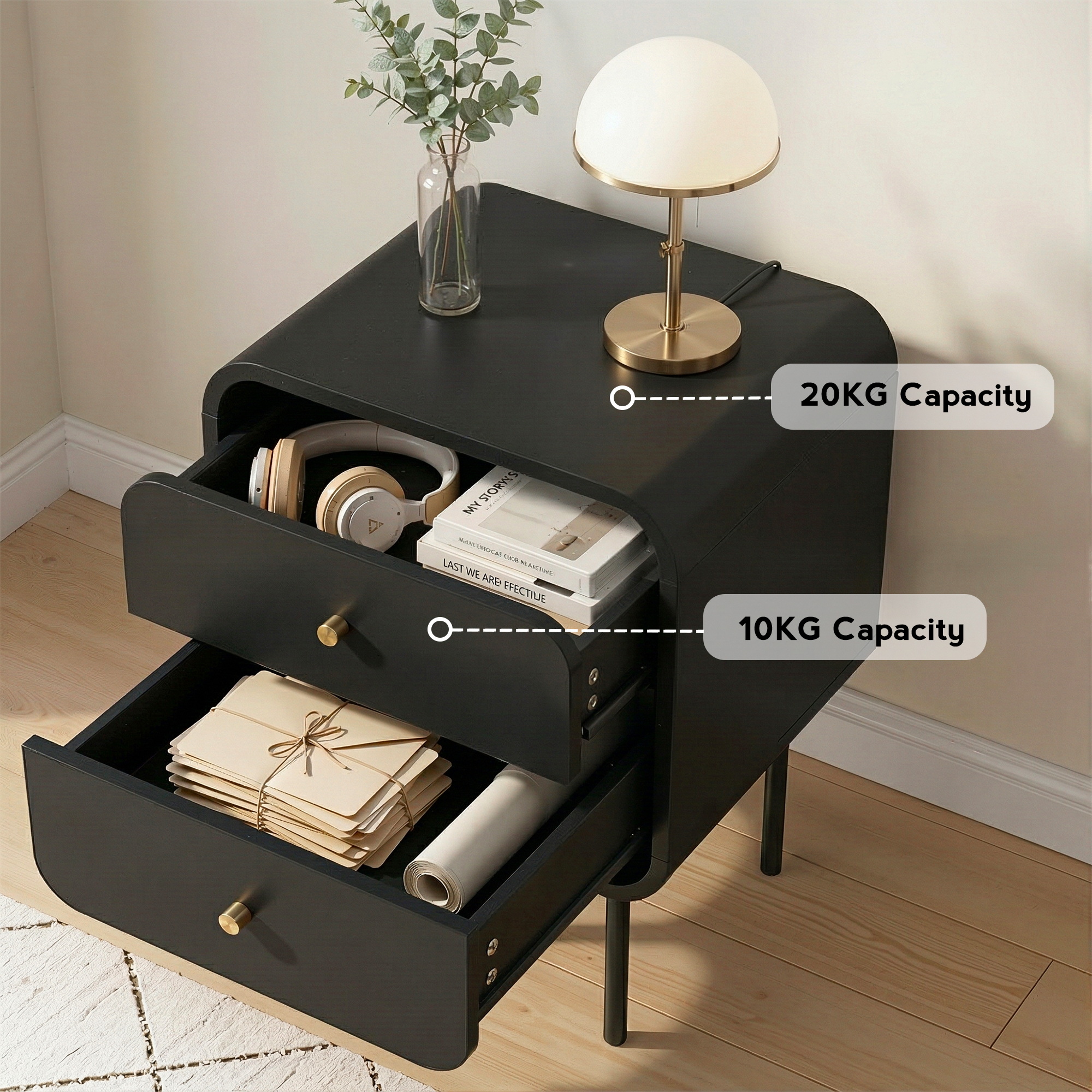 Artiss Bedside Table 2 Drawers Side End Table Nightstand Black - Image 6