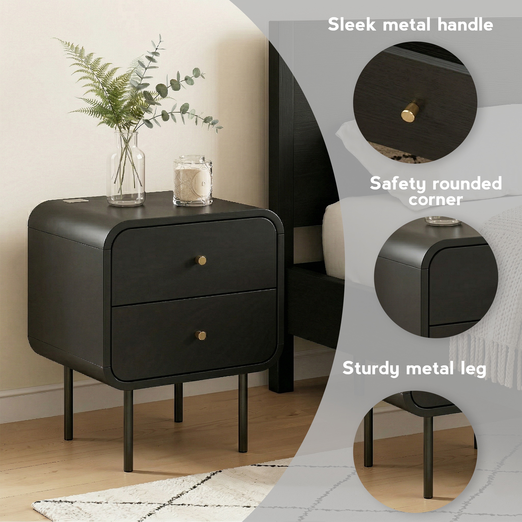 Artiss Bedside Table 2 Drawers Side End Table Nightstand Black - Image 7