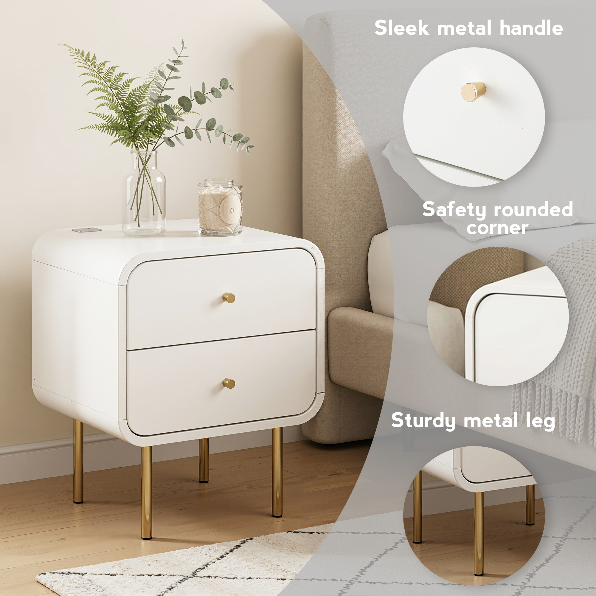 Artiss Bedside Table 2 Drawers Side End Table Nightstand White - Image 7