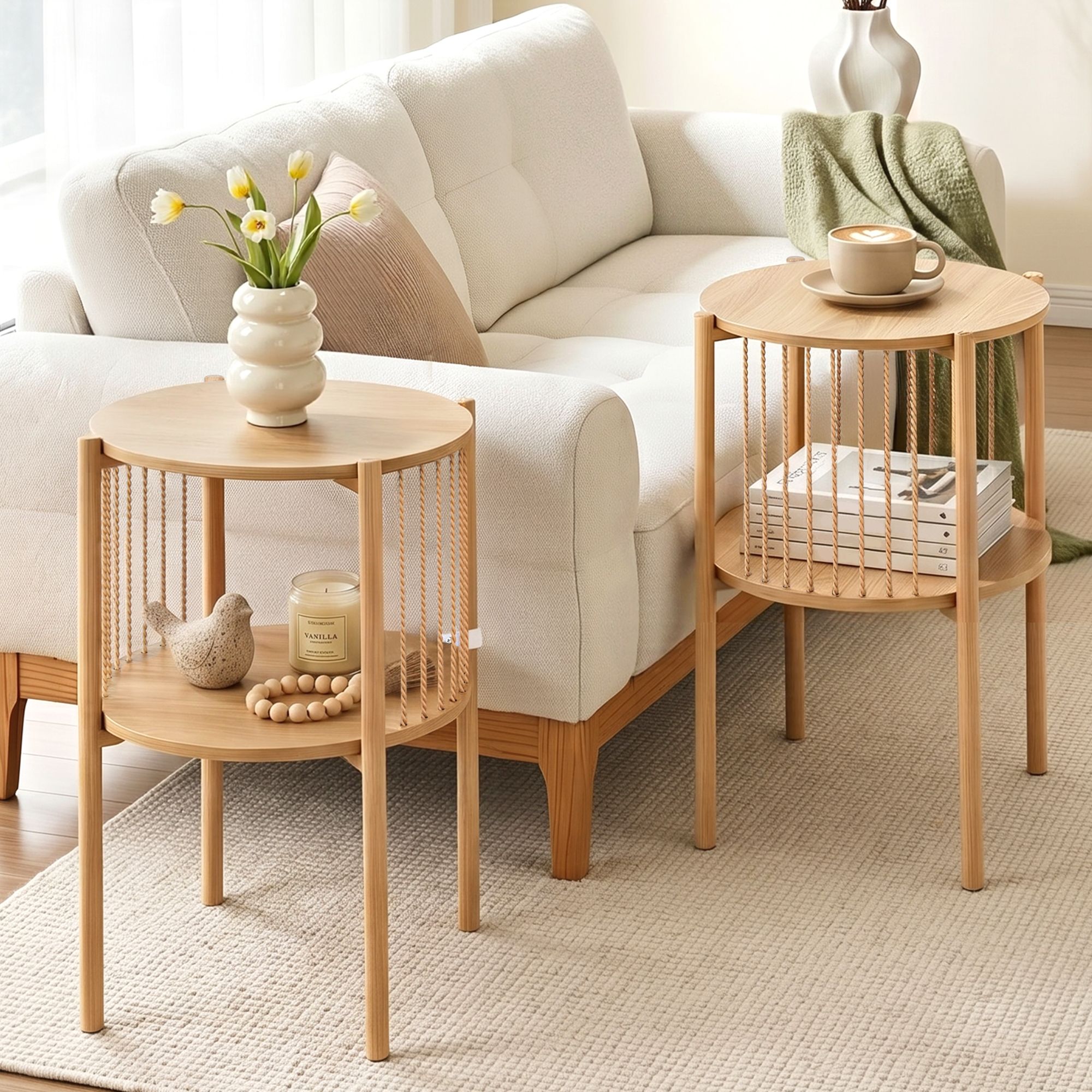 Artiss Set of 2 End Tables Coffee Table 2-Tier Round Wood - Image 1