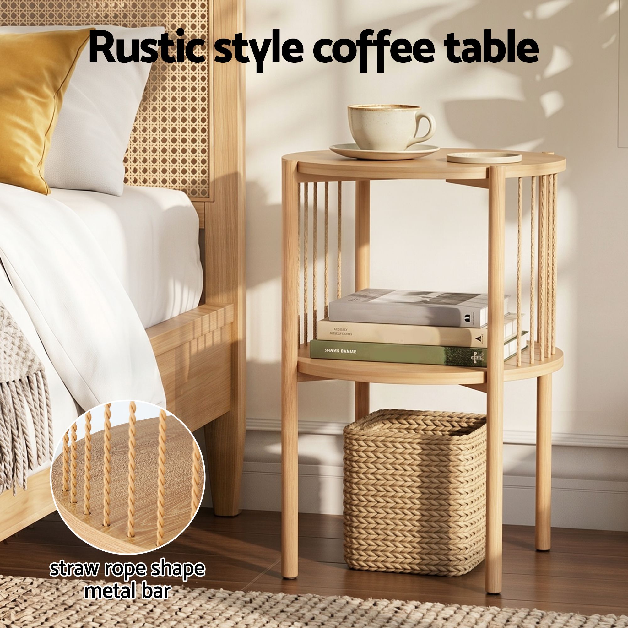 Artiss Set of 2 End Tables Coffee Table 2-Tier Round Wood - Image 4