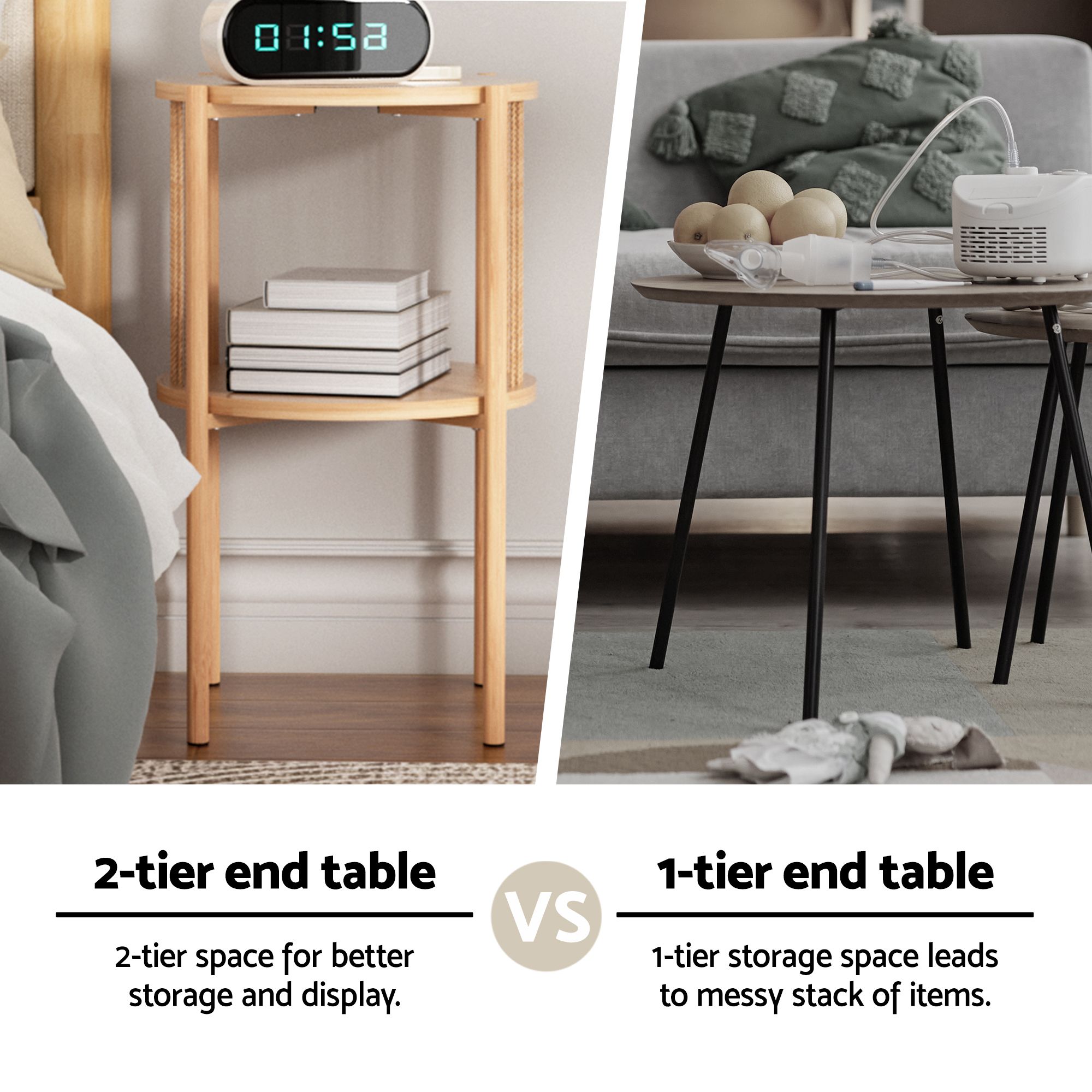 Artiss Set of 2 End Tables Coffee Table 2-Tier Round Wood - Image 5