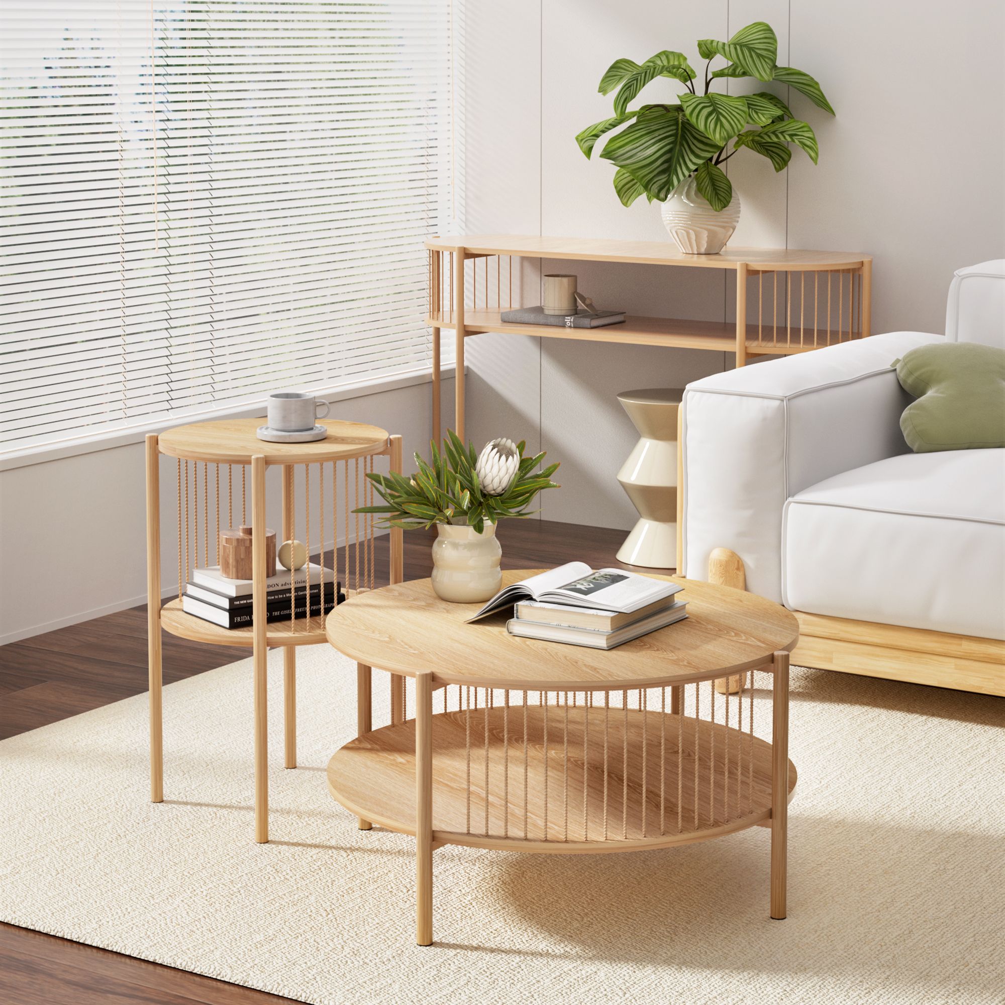 Artiss Set of 2 End Tables Coffee Table 2-Tier Round Wood - Image 7