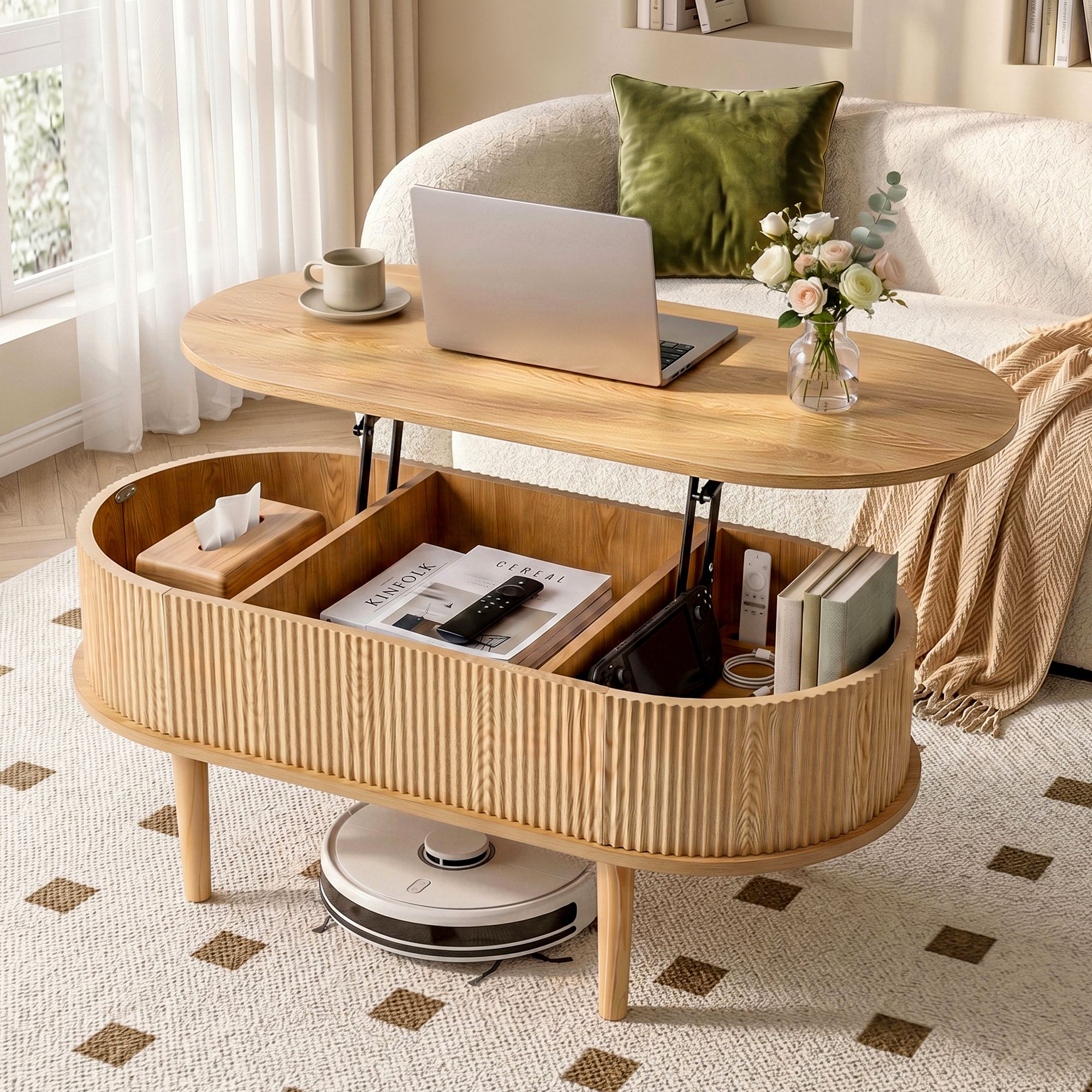 Artiss Lift Top Coffee Table Fluted Centre Table with Hidden Storage Oval 100cm - Image 1