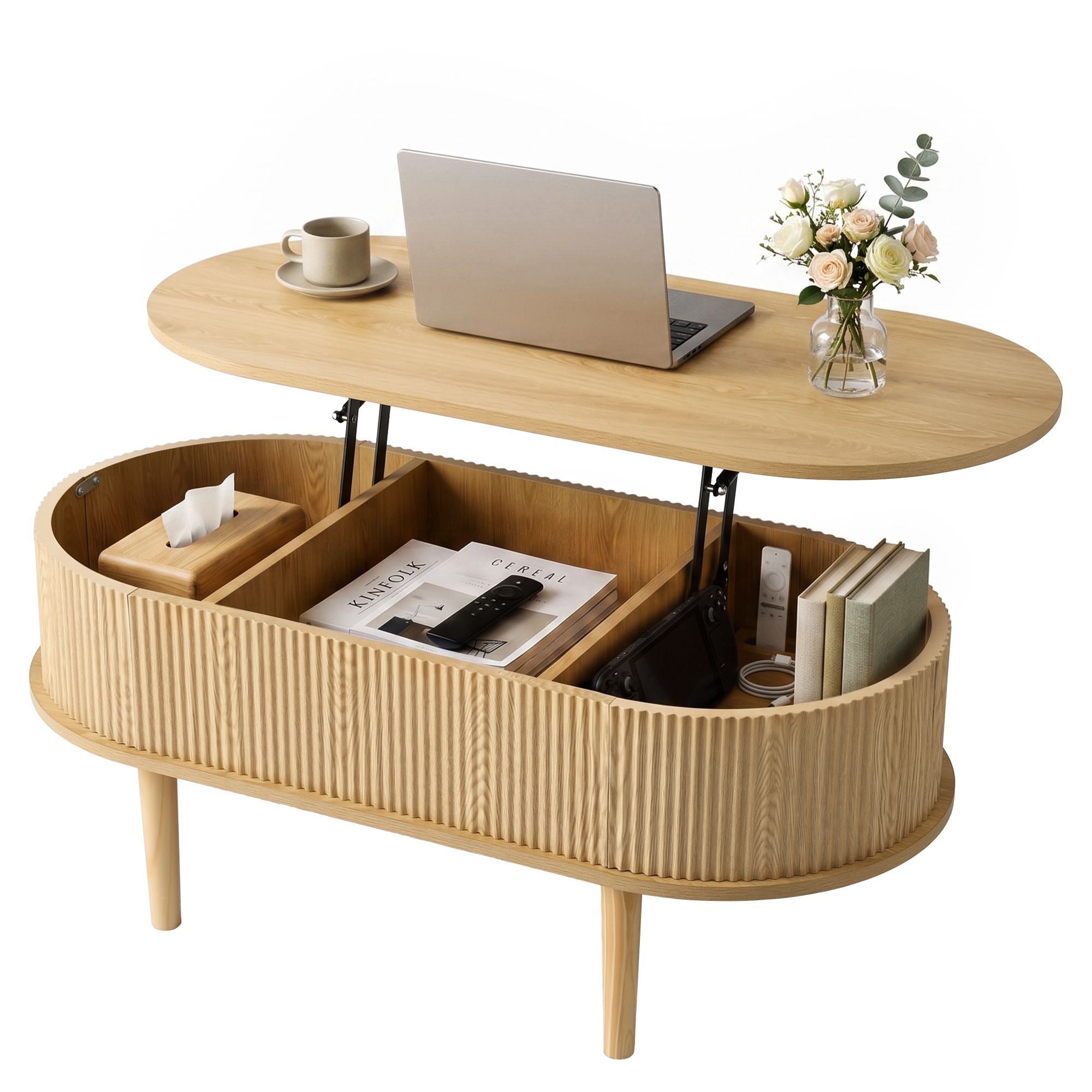 Artiss Lift Top Coffee Table Fluted Centre Table with Hidden Storage Oval 100cm - Image 2