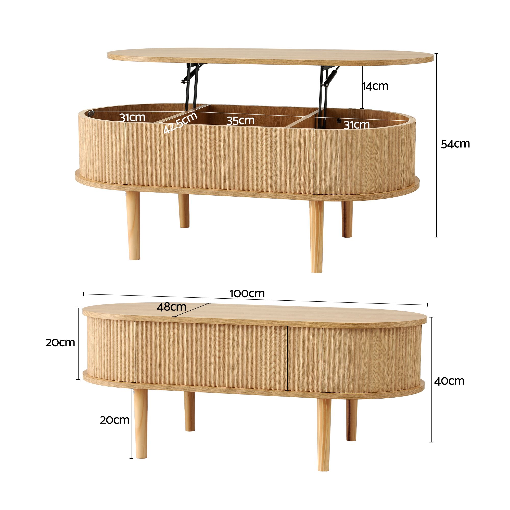 Artiss Lift Top Coffee Table Fluted Centre Table with Hidden Storage Oval 100cm - Image 3