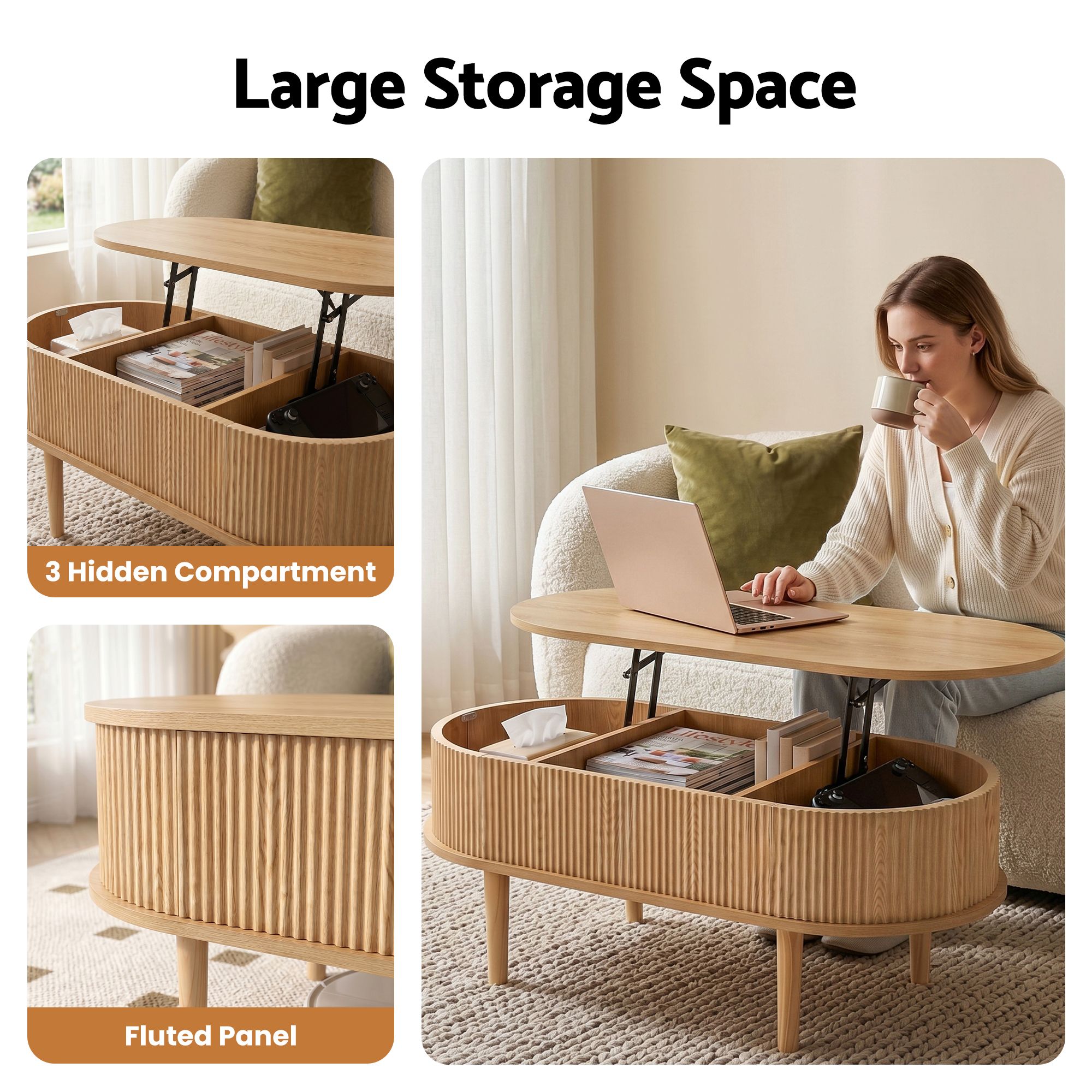 Artiss Lift Top Coffee Table Fluted Centre Table with Hidden Storage Oval 100cm - Image 5
