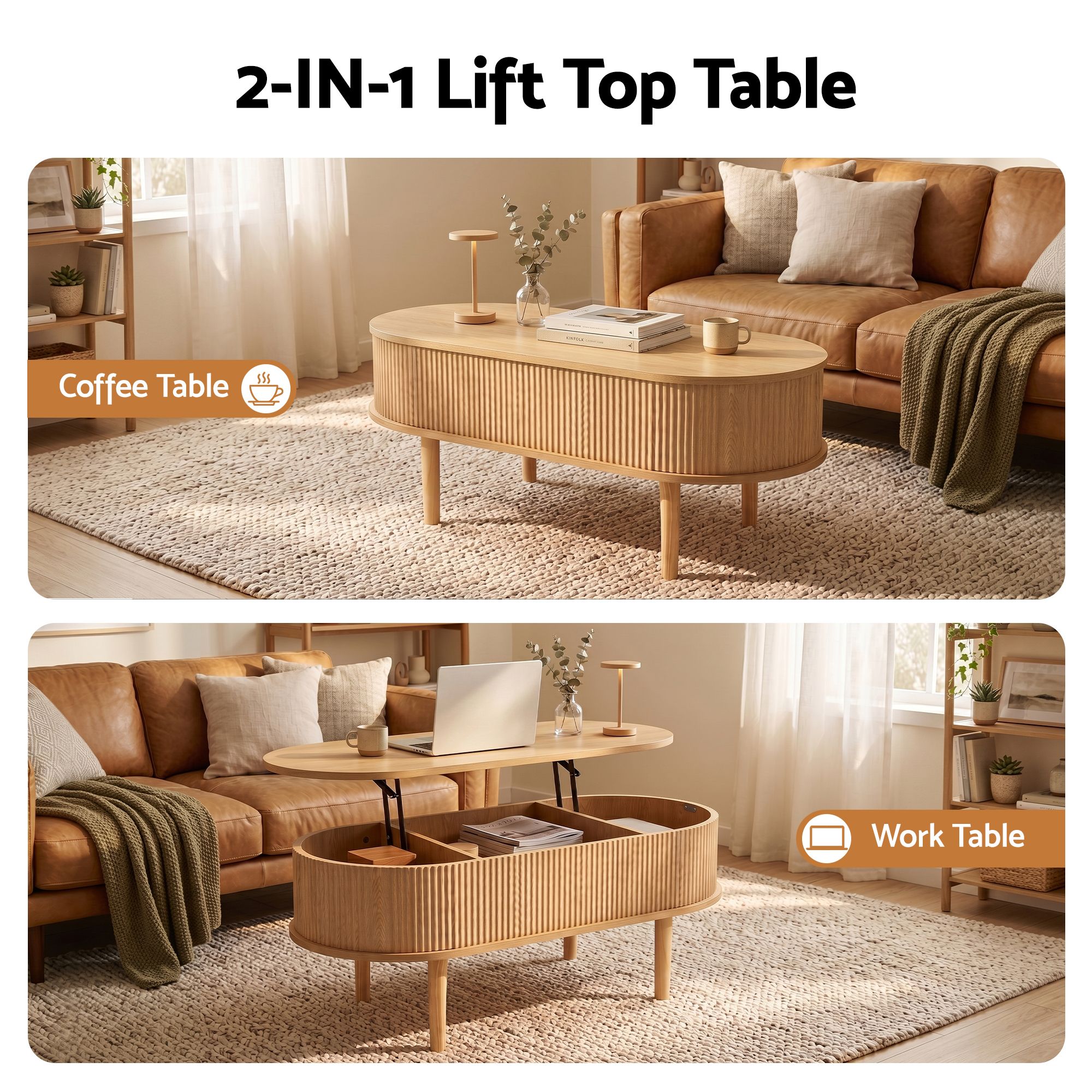 Artiss Lift Top Coffee Table Fluted Centre Table with Hidden Storage Oval 100cm - Image 6