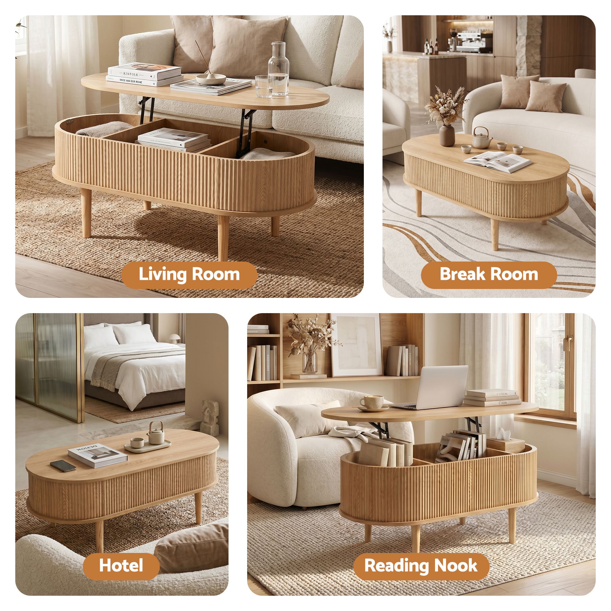 Artiss Lift Top Coffee Table Fluted Centre Table with Hidden Storage Oval 100cm - Image 8