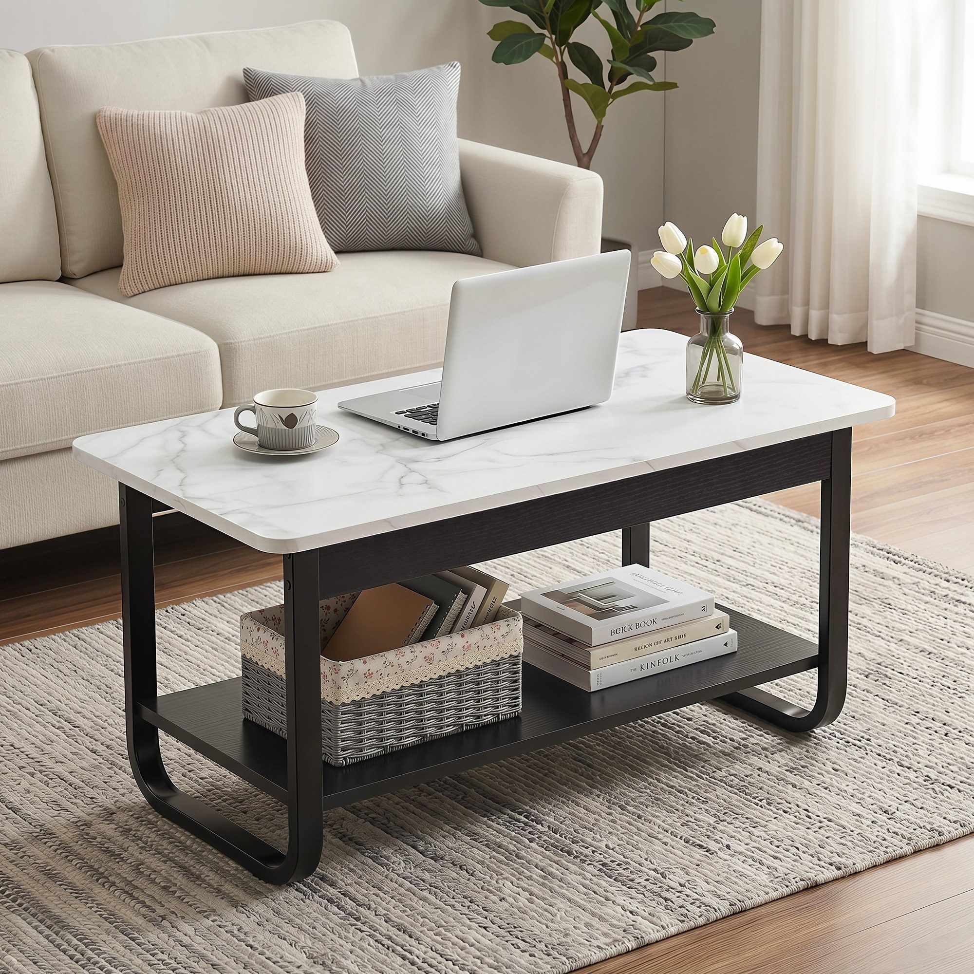 Artiss Coffee Table 2-Tier 80CM Marble Finish Shelf Black&White - Image 1