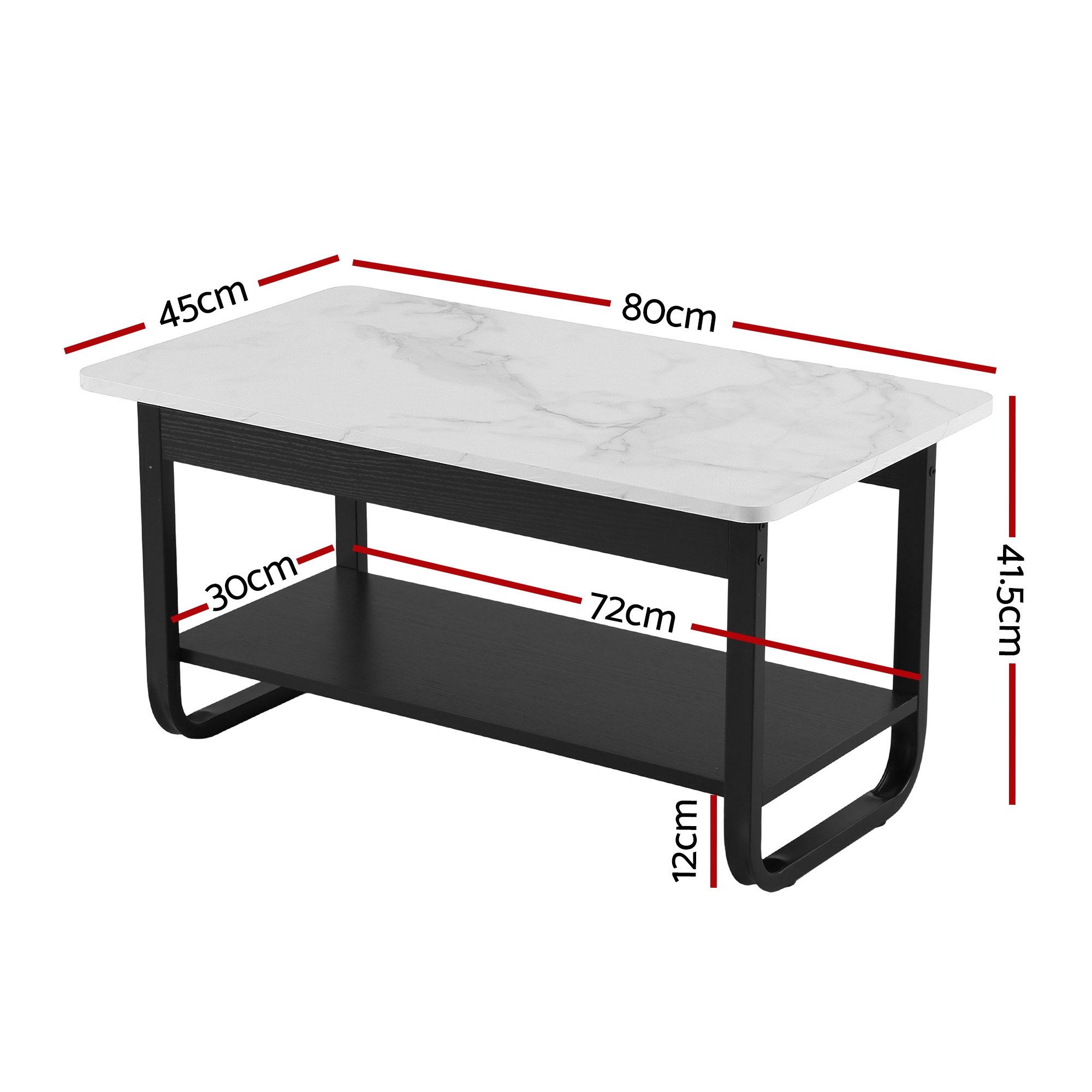 Artiss Coffee Table 2-Tier 80CM Marble Finish Shelf Black&White - Image 2