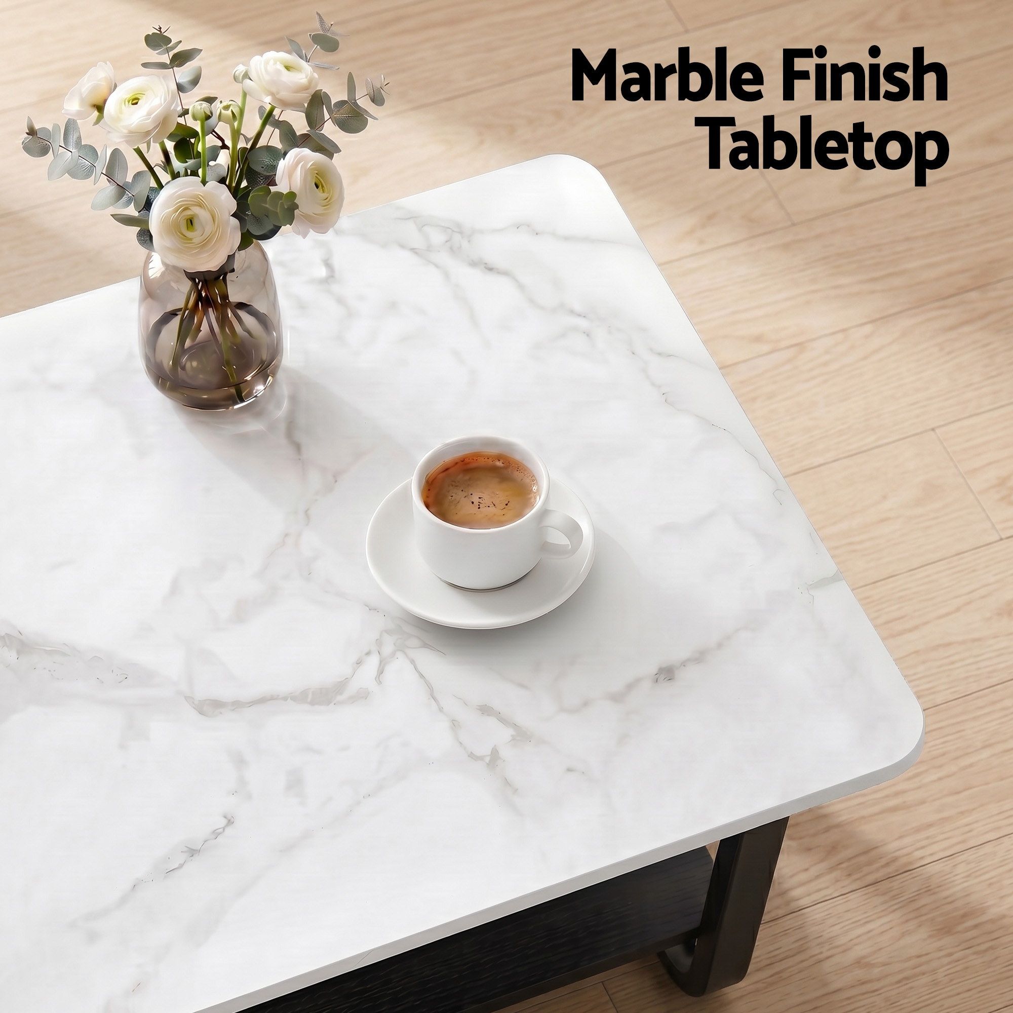 Artiss Coffee Table 2-Tier 80CM Marble Finish Shelf Black&White - Image 4