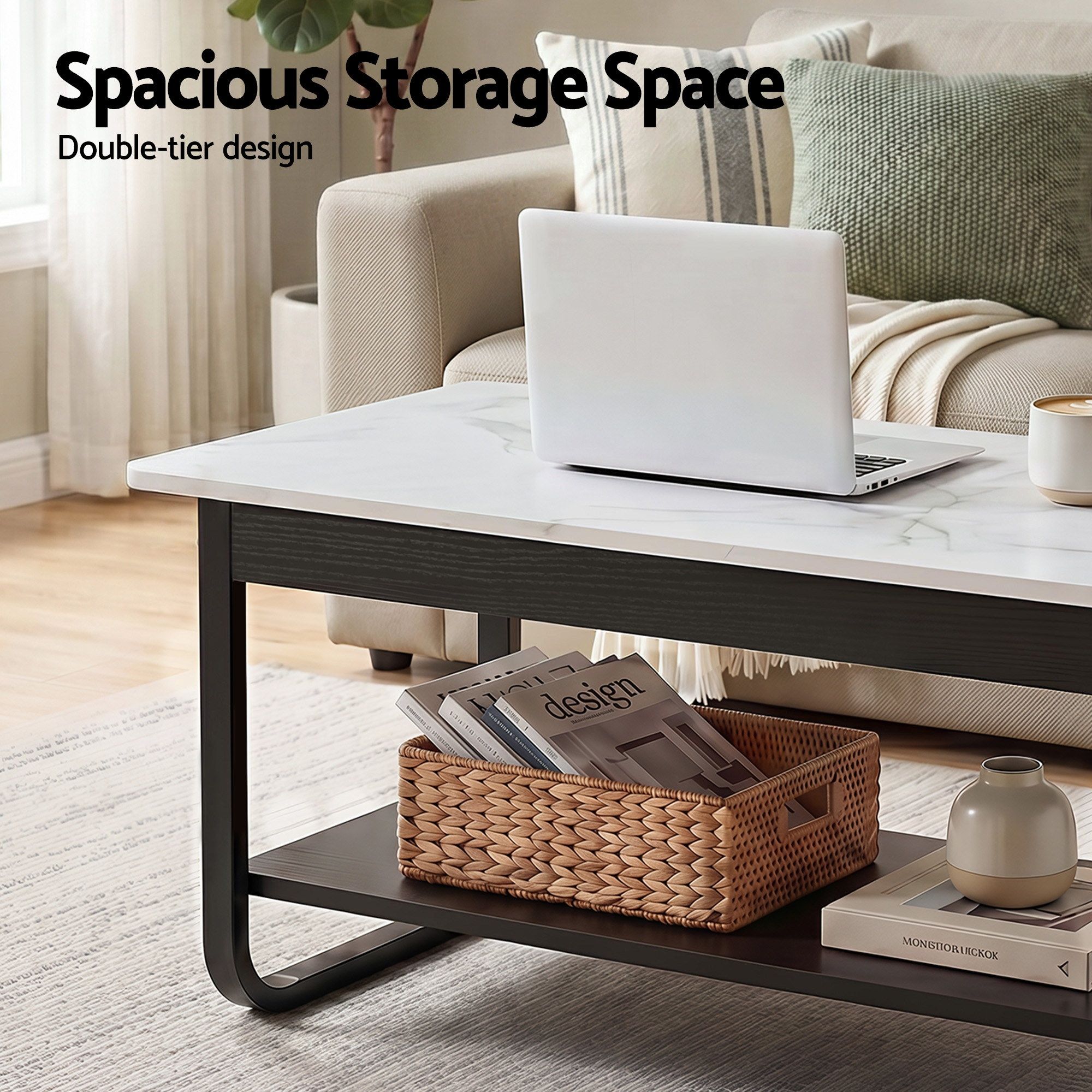 Artiss Coffee Table 2-Tier 80CM Marble Finish Shelf Black&White - Image 5