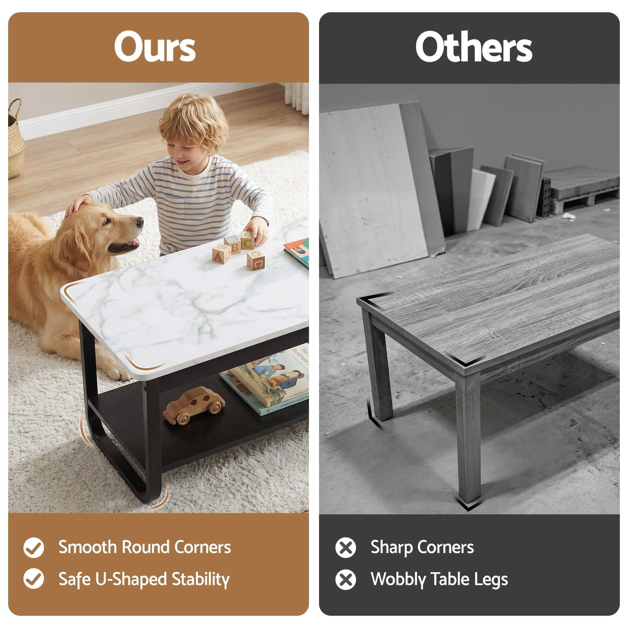 Artiss Coffee Table 2-Tier 80CM Marble Finish Shelf Black&White - Image 6