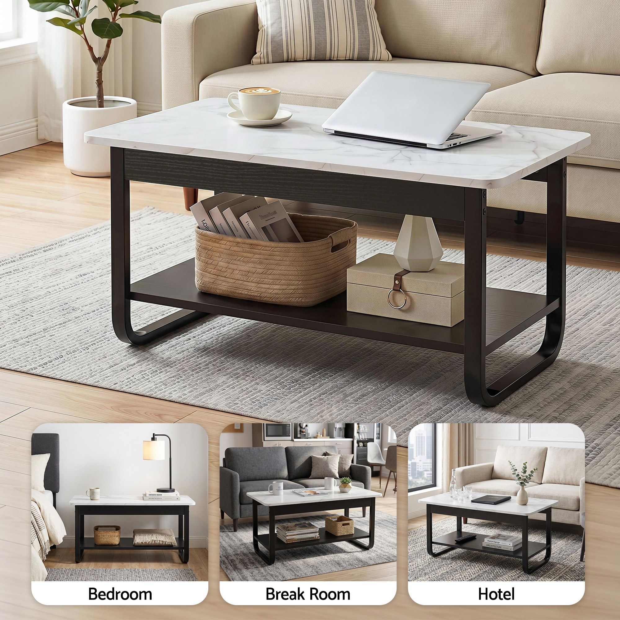 Artiss Coffee Table 2-Tier 80CM Marble Finish Shelf Black&White - Image 7