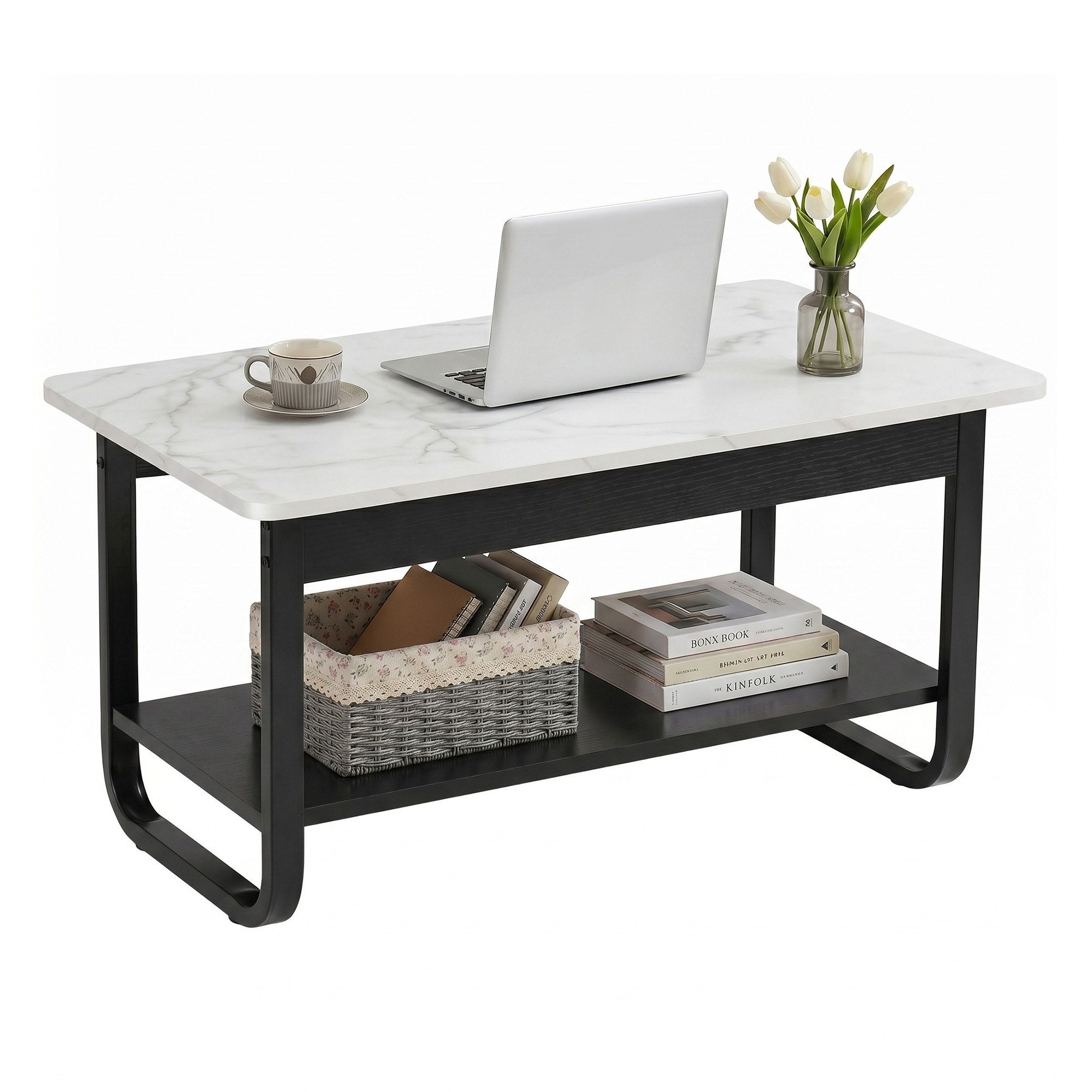 Artiss Coffee Table 2-Tier 80CM Marble Finish Shelf Black&White - Image 8