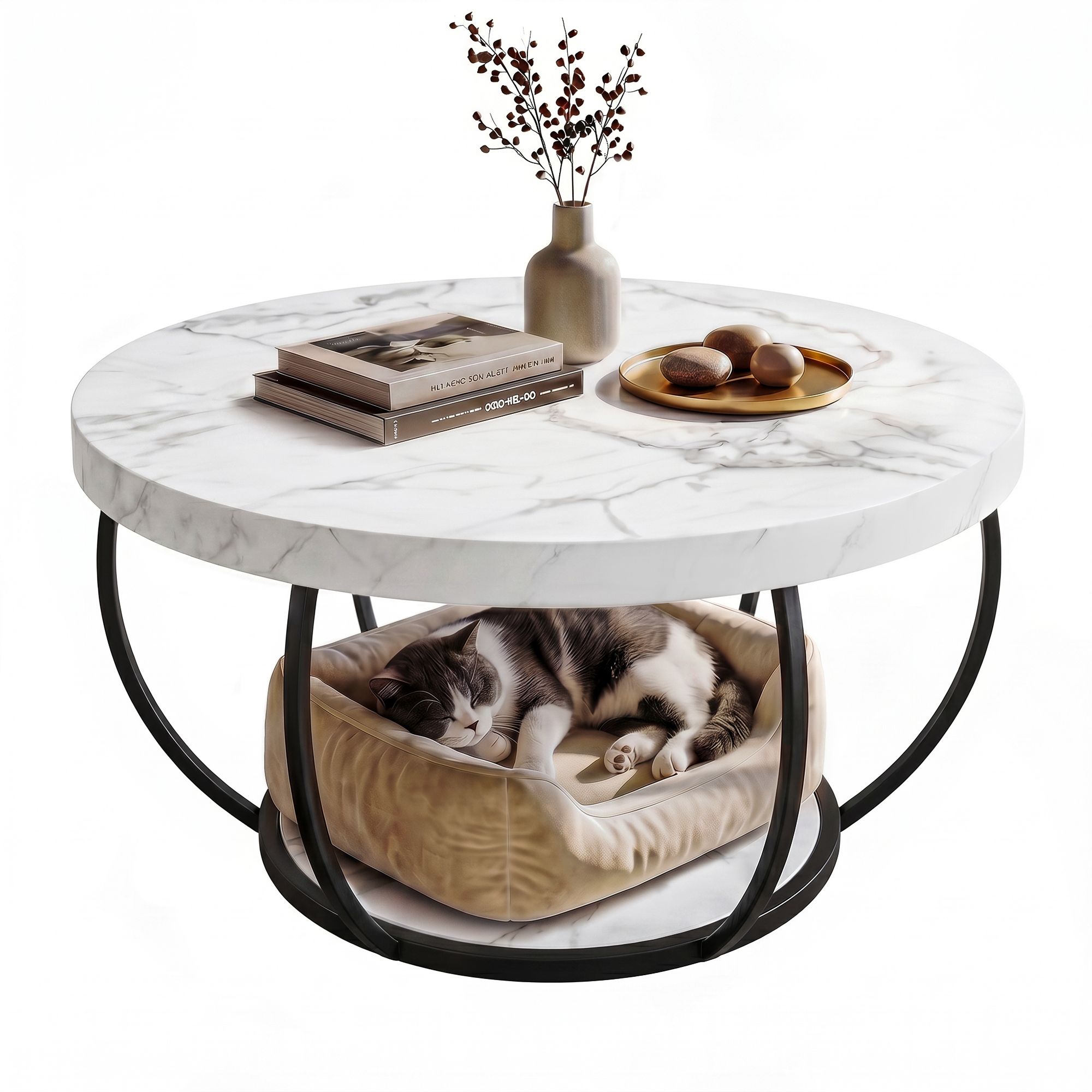 Artiss Coffee Table 2-Tier Marble Finish Round White&Black - Image 1