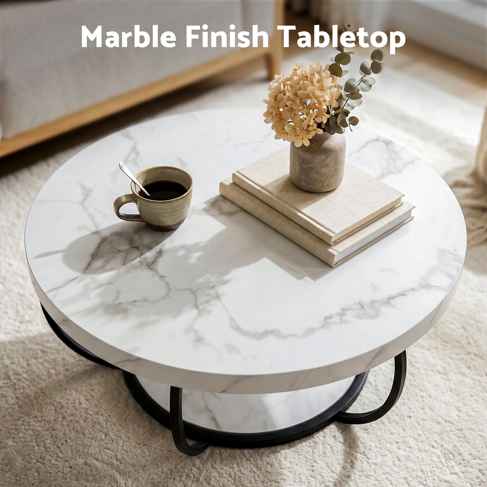 Artiss Coffee Table 2-Tier Marble Finish Round White&Black - Image 4