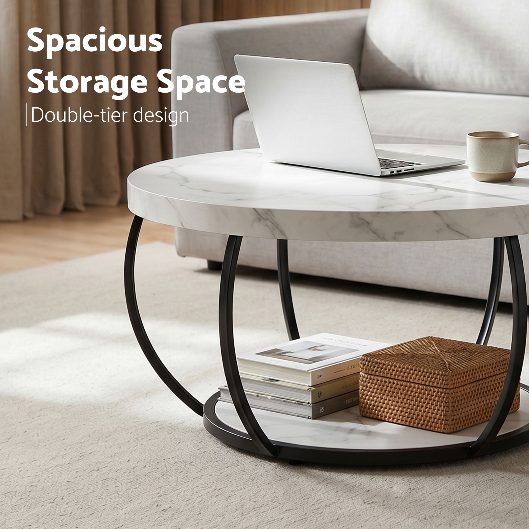 Artiss Coffee Table 2-Tier Marble Finish Round White&Black - Image 5