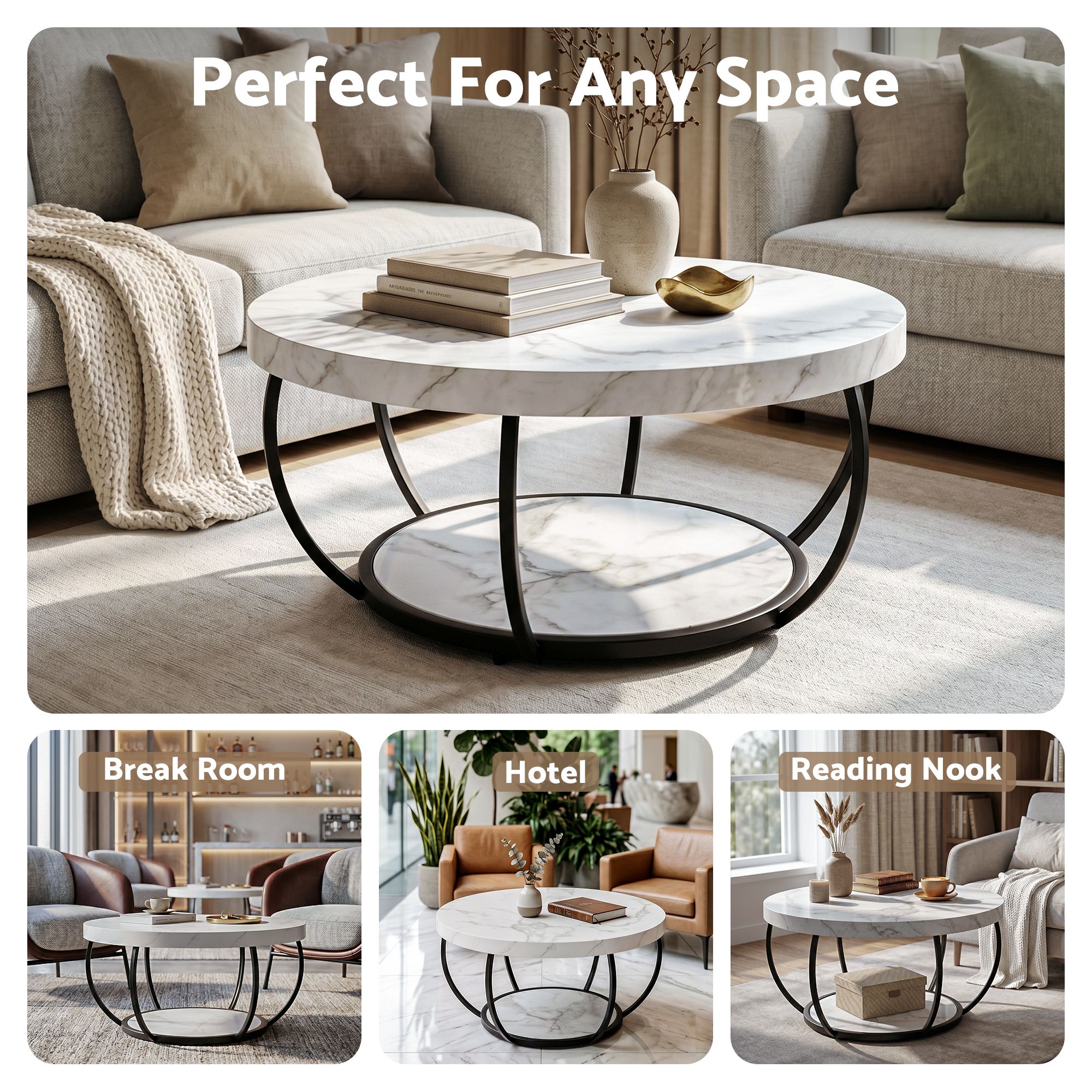 Artiss Coffee Table 2-Tier Marble Finish Round White&Black - Image 7