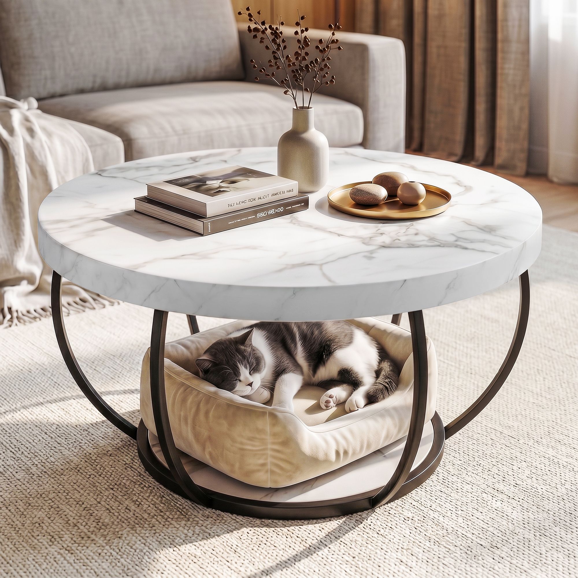 Artiss Coffee Table 2-Tier Marble Finish Round White&Black - Image 8