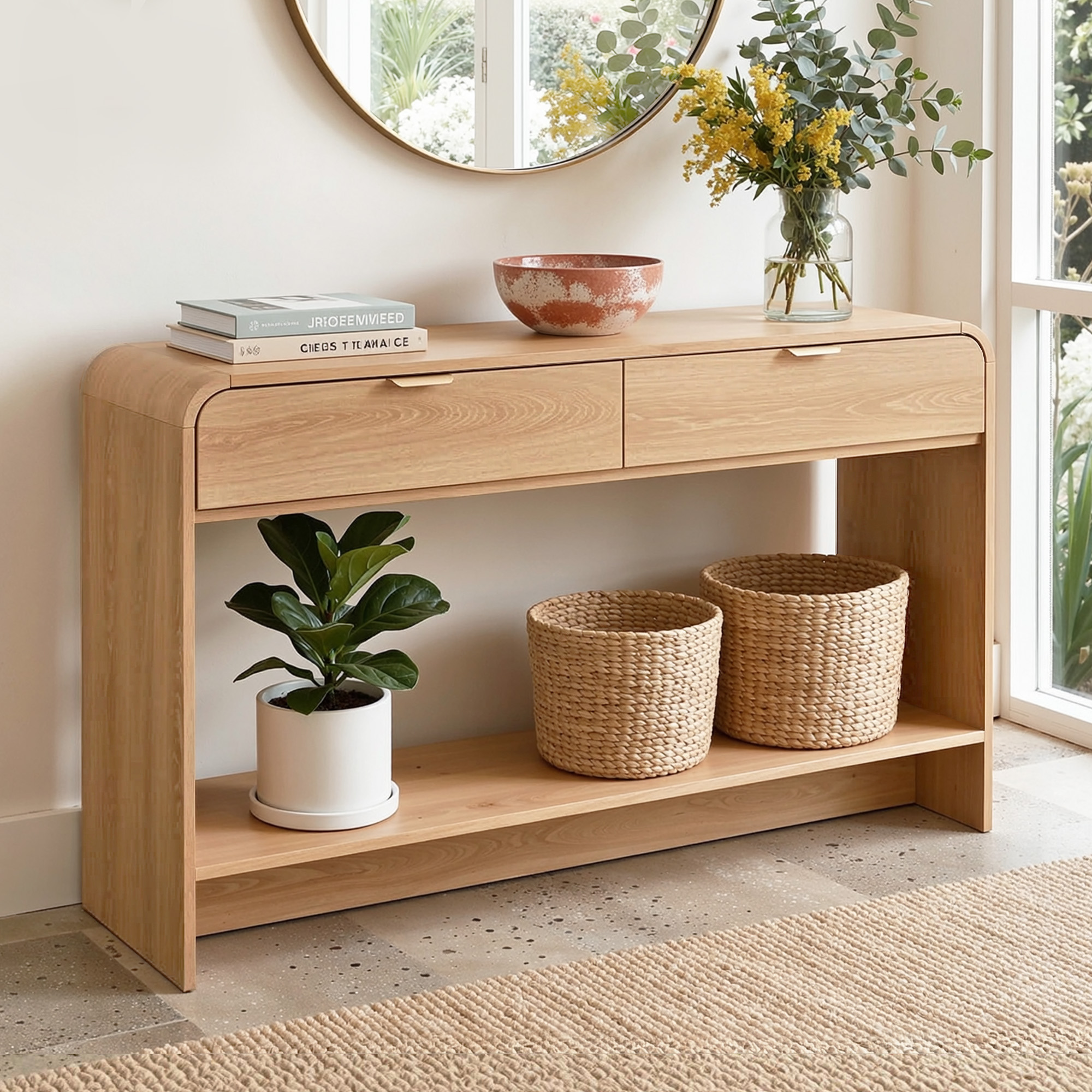 Artiss Console Table Hallway Entryway Storage Drawer Shelf Curved Edge 120CM Pine - Image 1