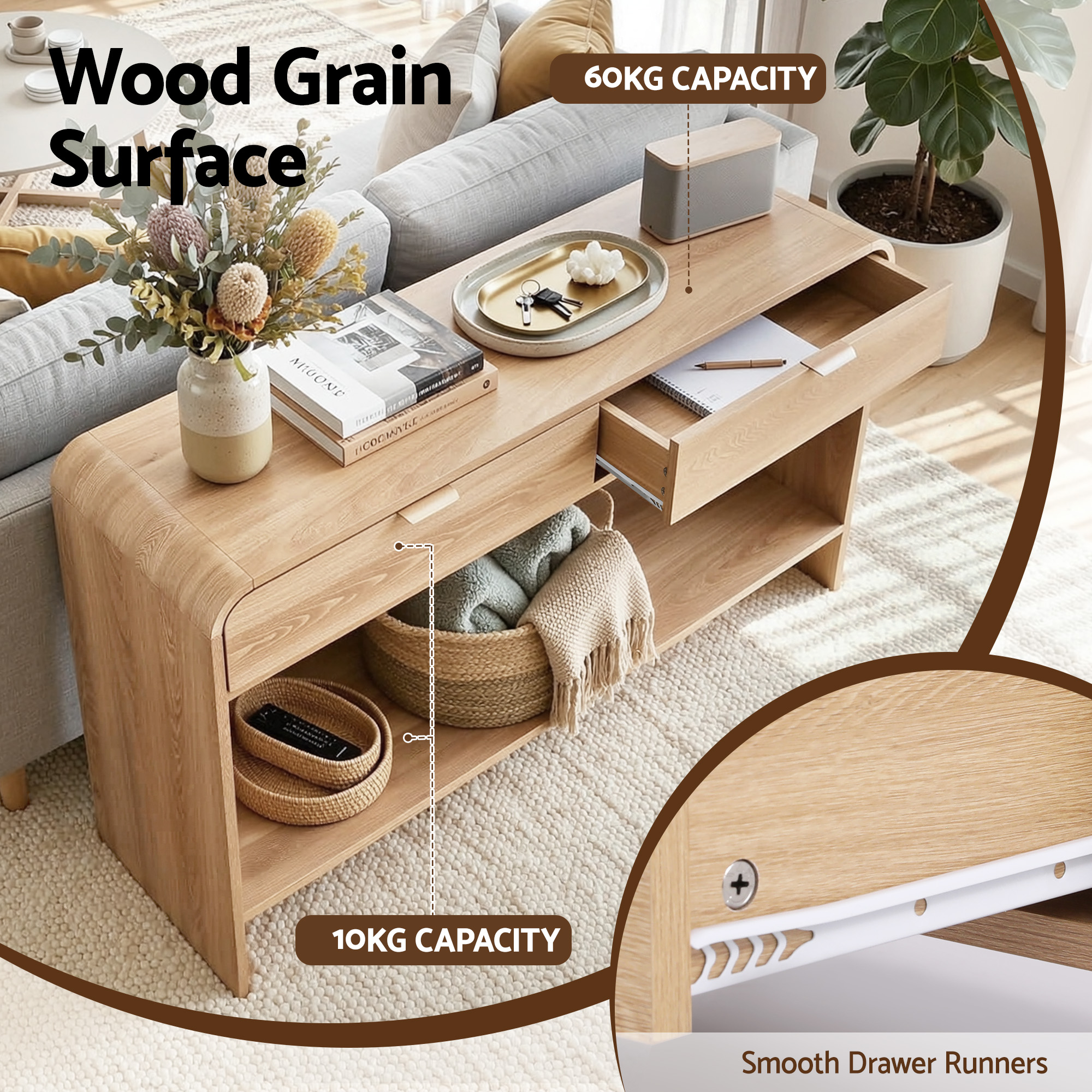 Artiss Console Table Hallway Entryway Storage Drawer Shelf Curved Edge 120CM Pine - Image 5