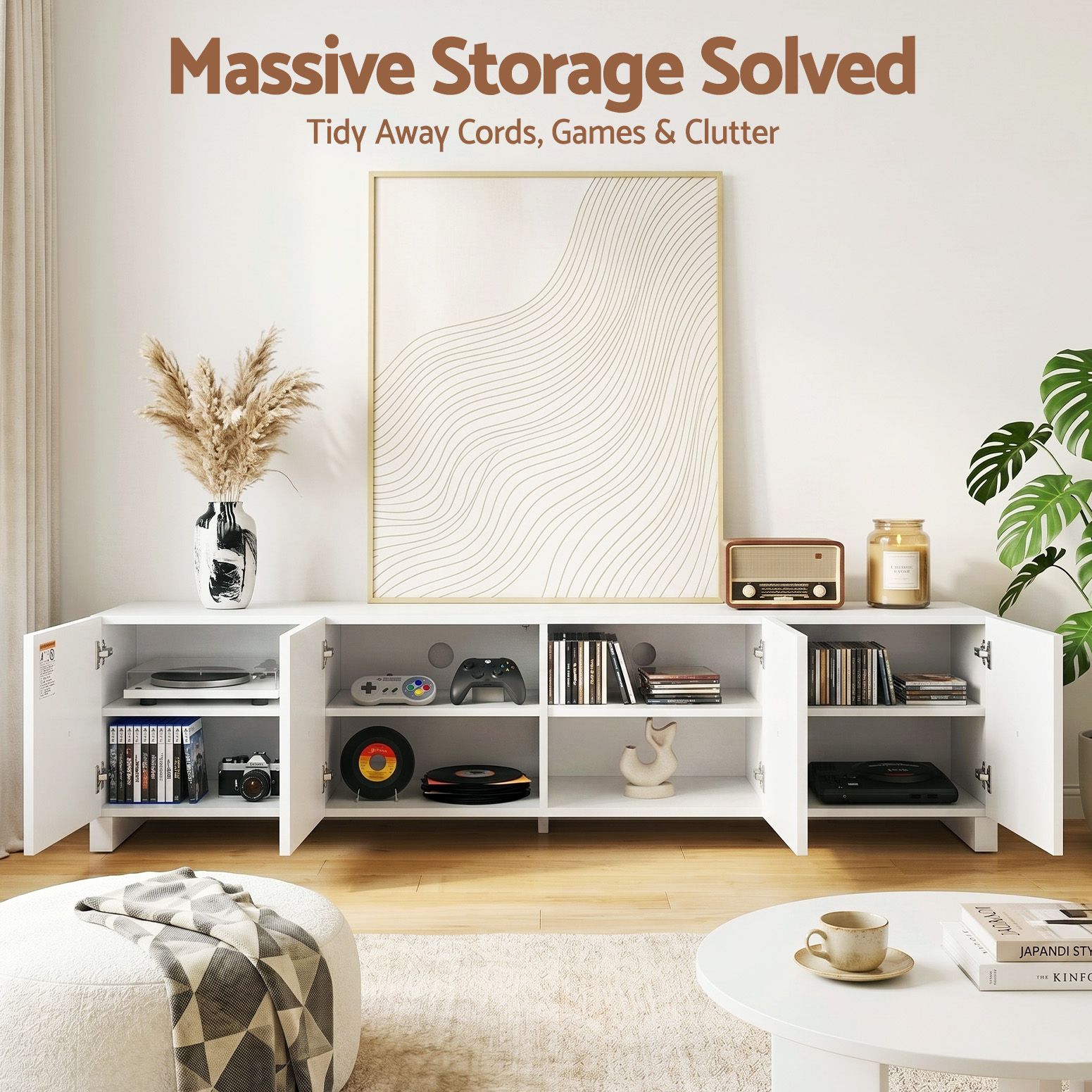 Artiss TV Unit Entertainment Unit Storage Cabinet Adjustable Shelf 180cm White - Image 5