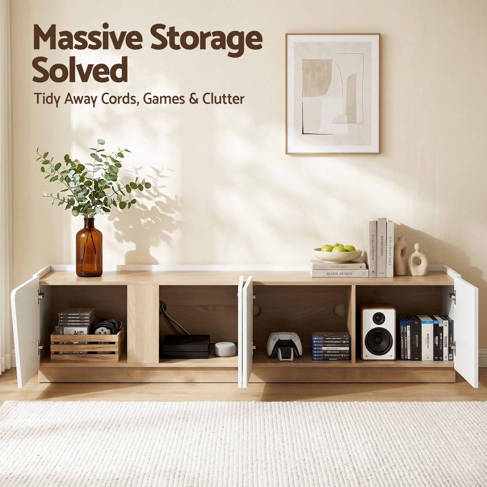 Artiss 180cm TV Unit Storage Cabinet Living Room White & Pine - Image 5