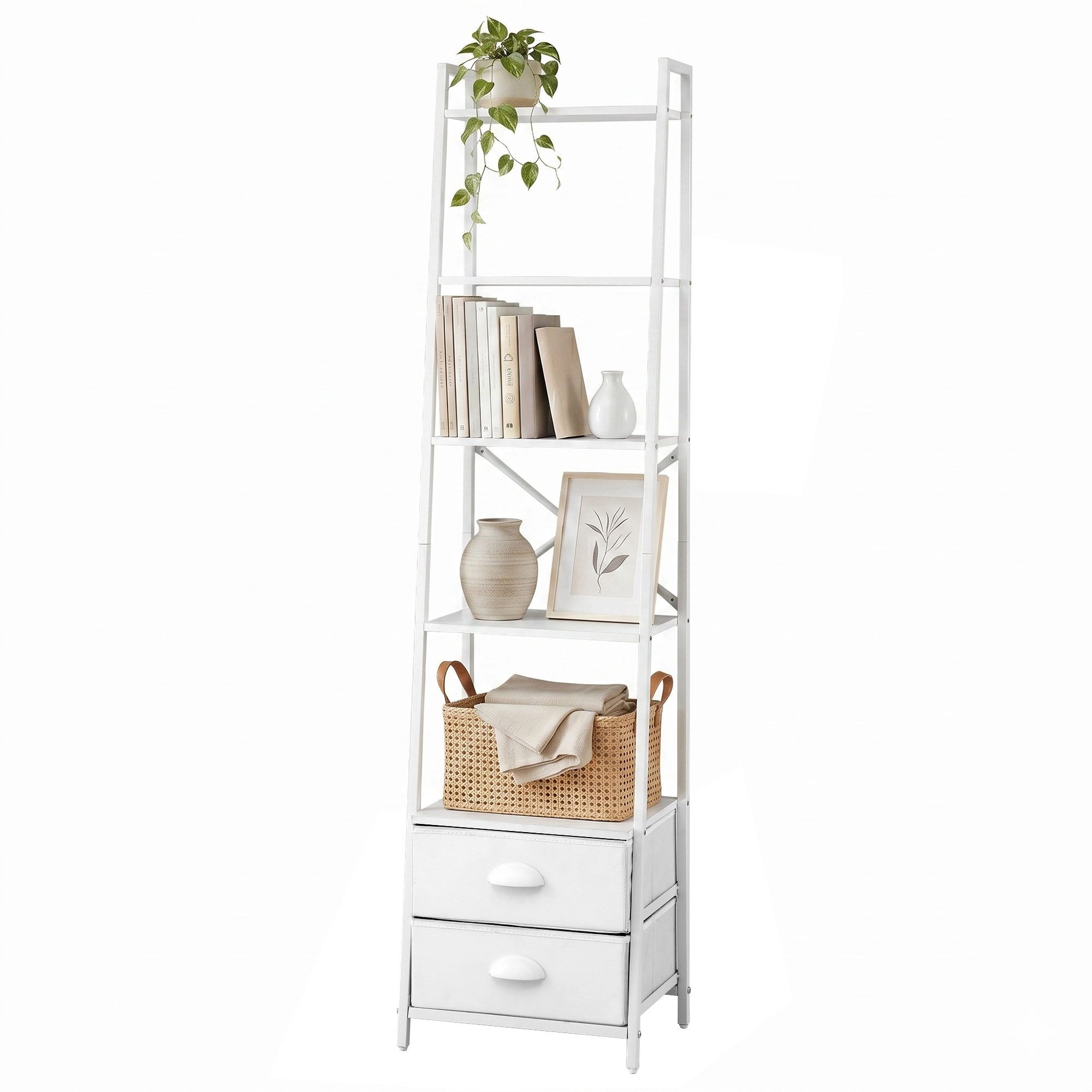 Artiss 5 Tier Bookshelf Ladder Bookcase with Fabric Drawers Display Rack White - Image 1