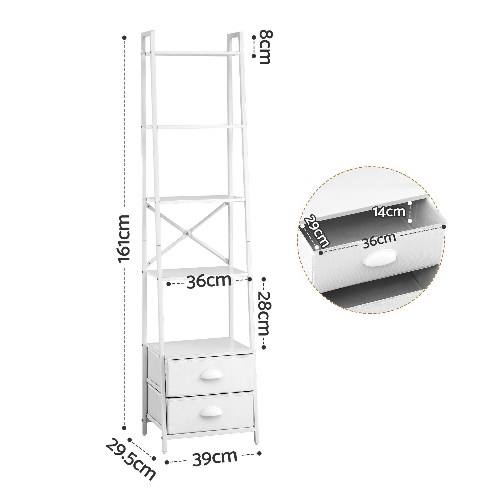 Artiss 5 Tier Bookshelf Ladder Bookcase with Fabric Drawers Display Rack White - Image 3