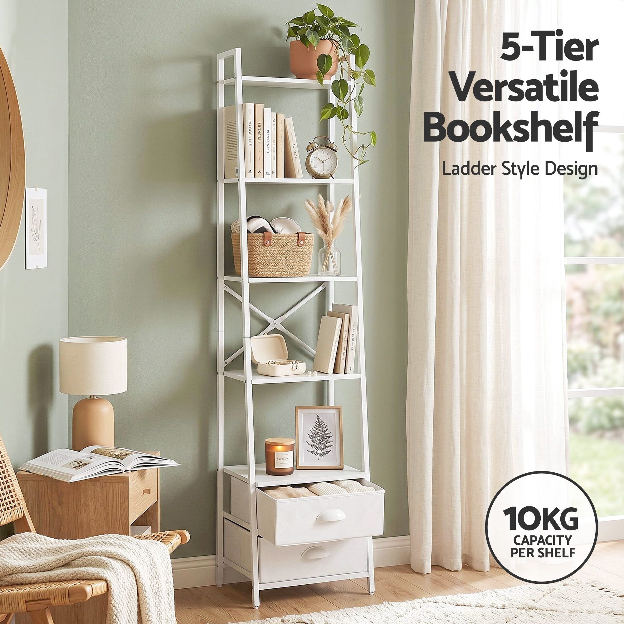 Artiss 5 Tier Bookshelf Ladder Bookcase with Fabric Drawers Display Rack White - Image 5
