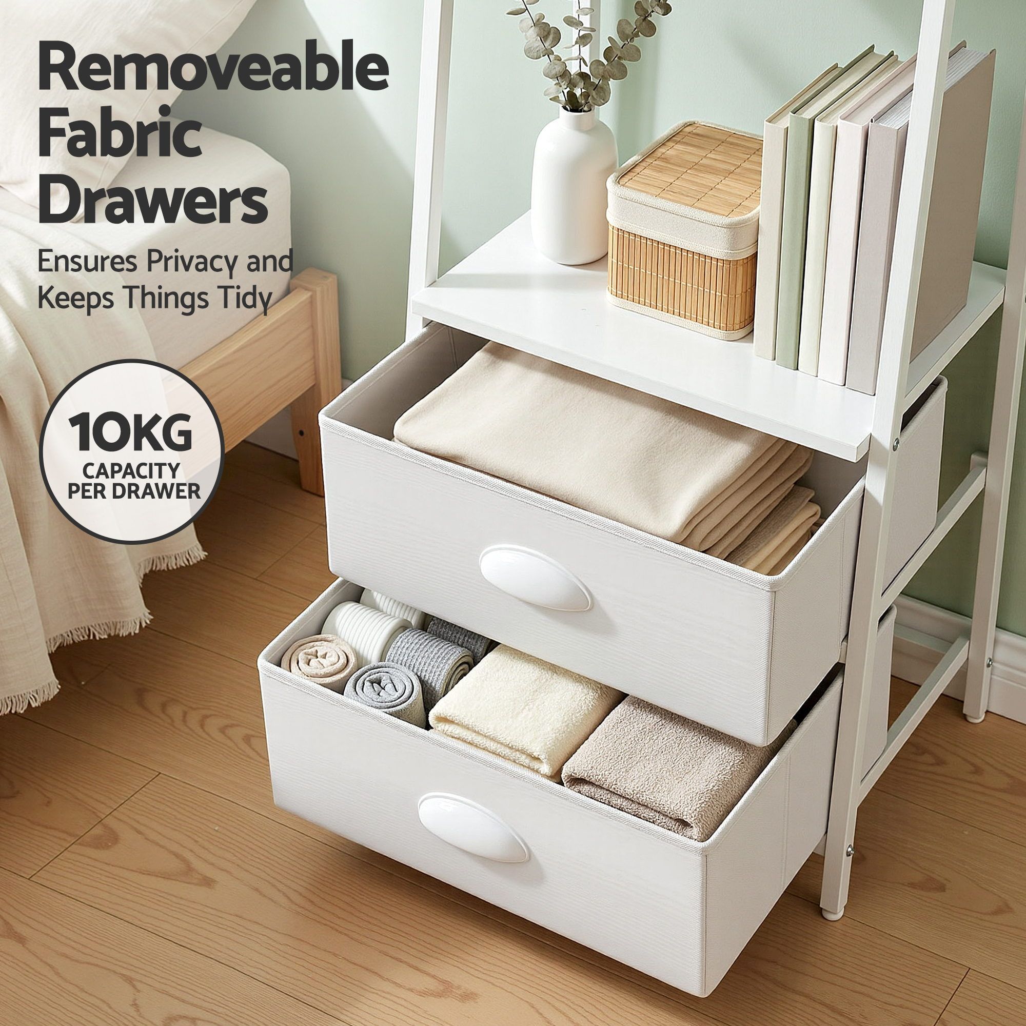 Artiss 5 Tier Bookshelf Ladder Bookcase with Fabric Drawers Display Rack White - Image 6