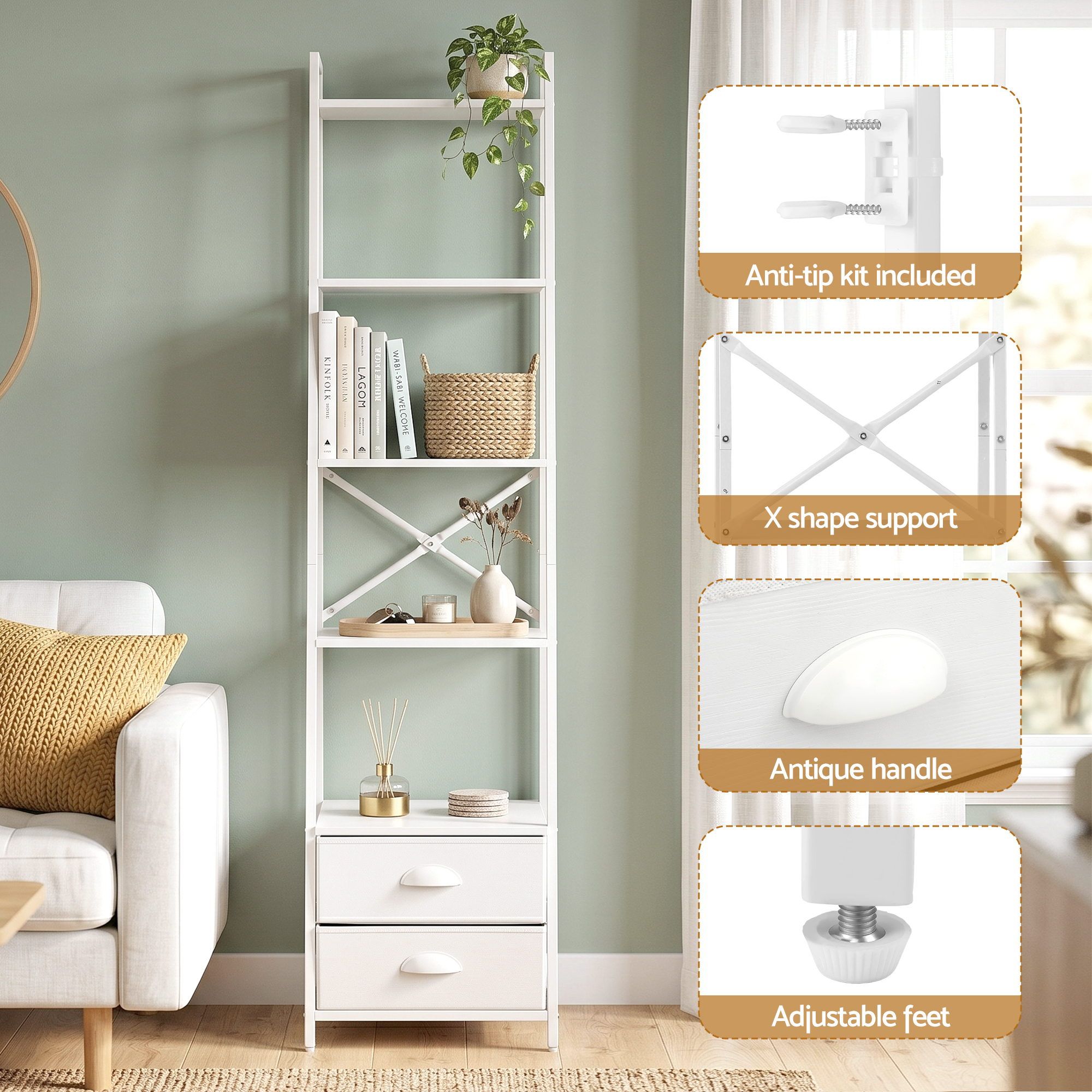 Artiss 5 Tier Bookshelf Ladder Bookcase with Fabric Drawers Display Rack White - Image 7