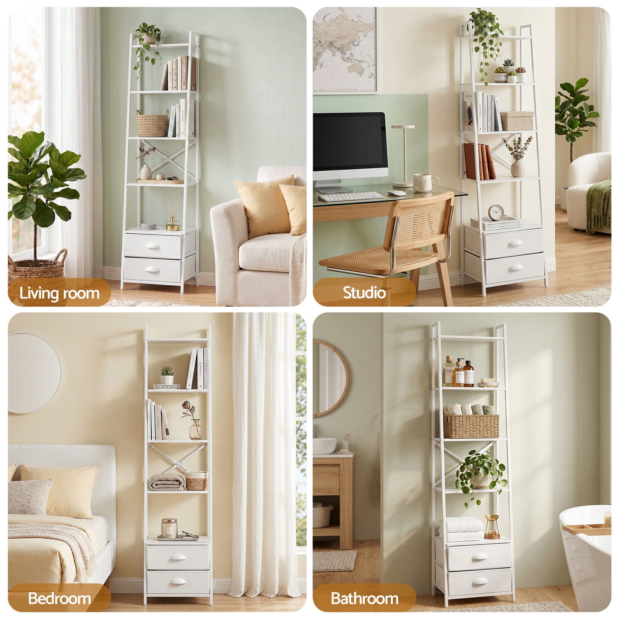 Artiss 5 Tier Bookshelf Ladder Bookcase with Fabric Drawers Display Rack White - Image 8