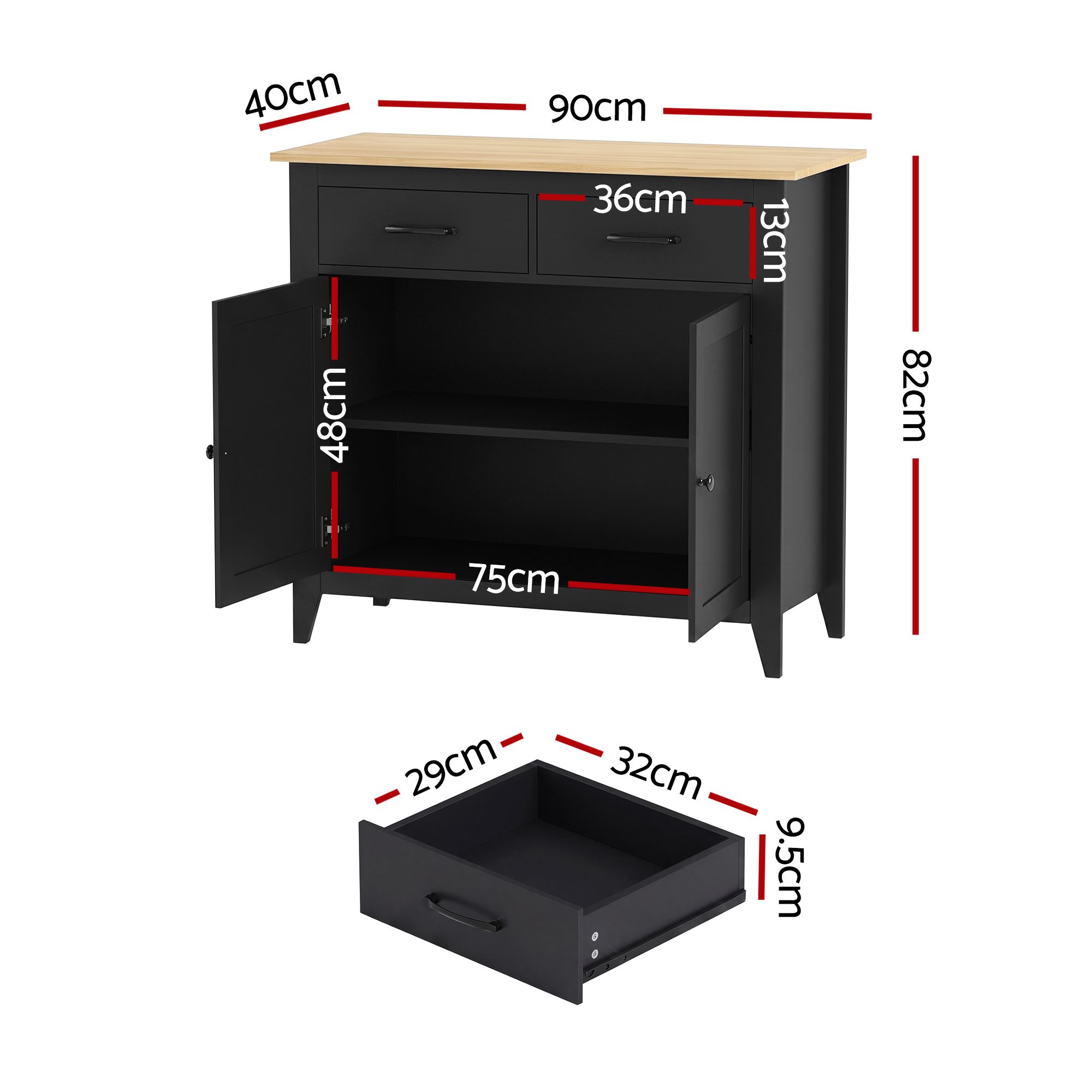 Artiss Buffet Sideboard Cabinet Kitchen Storage Cupboard Pantry 2 Drawers Black - Image 3