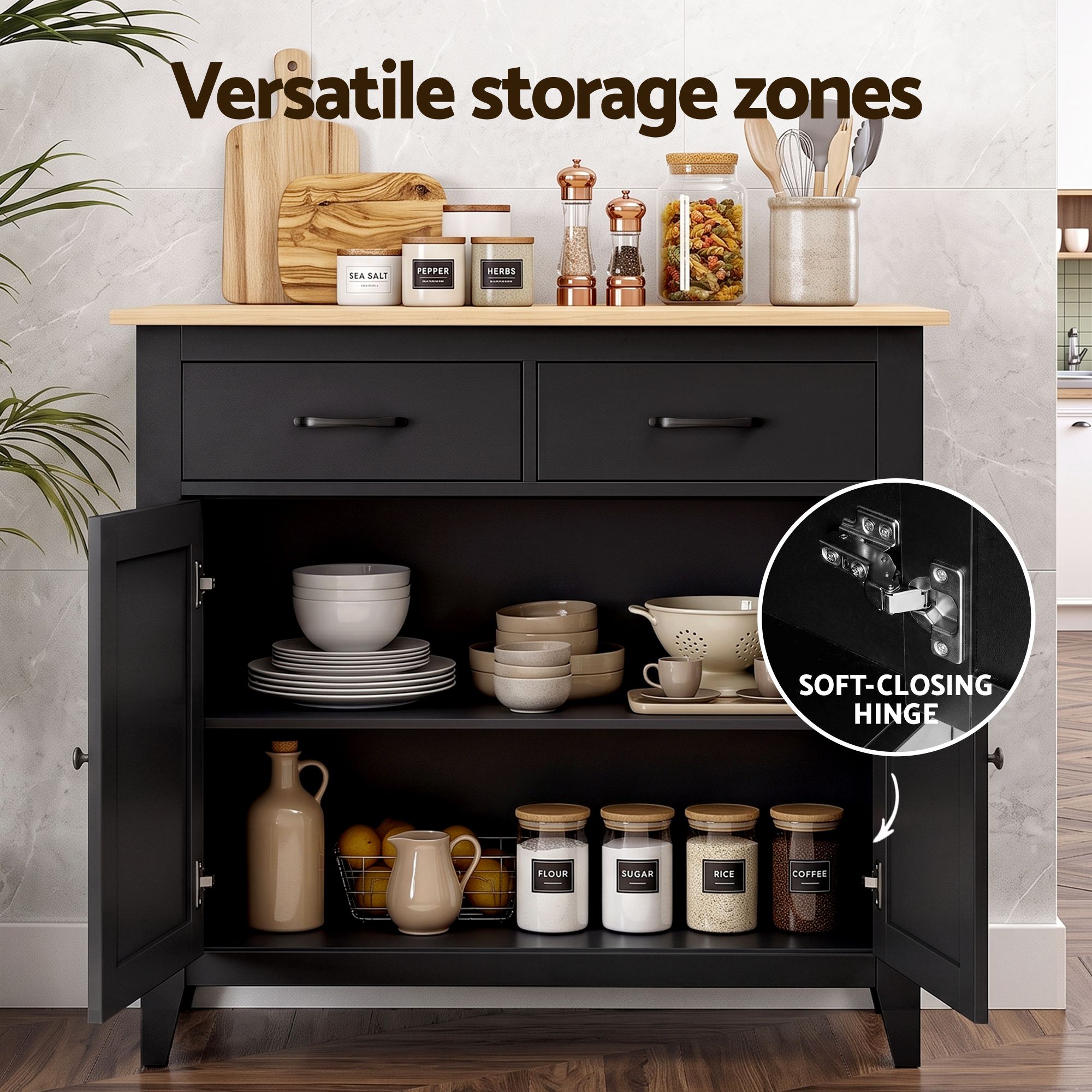 Artiss Buffet Sideboard Cabinet Kitchen Storage Cupboard Pantry 2 Drawers Black - Image 5