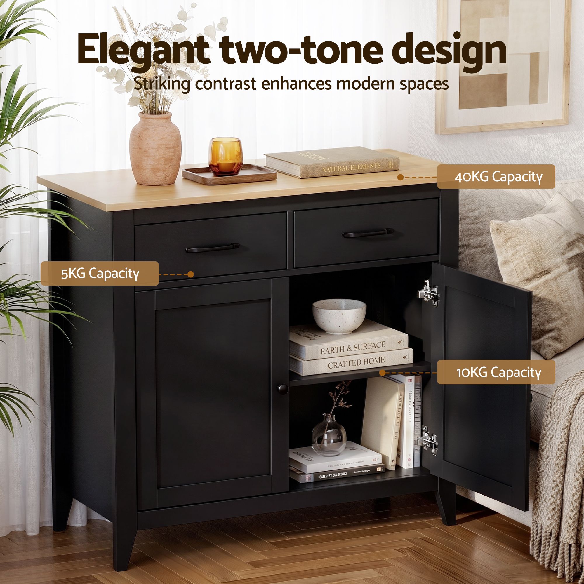 Artiss Buffet Sideboard Cabinet Kitchen Storage Cupboard Pantry 2 Drawers Black - Image 6