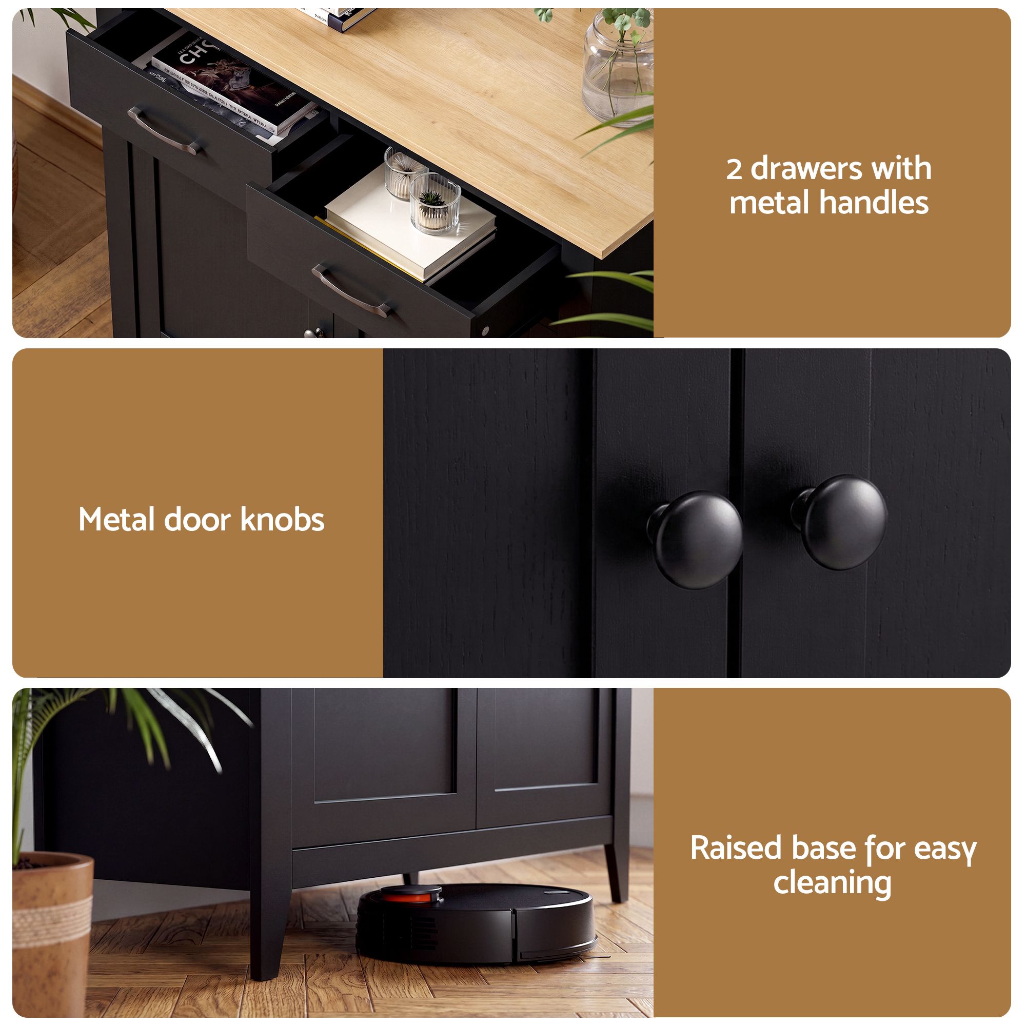Artiss Buffet Sideboard Cabinet Kitchen Storage Cupboard Pantry 2 Drawers Black - Image 7