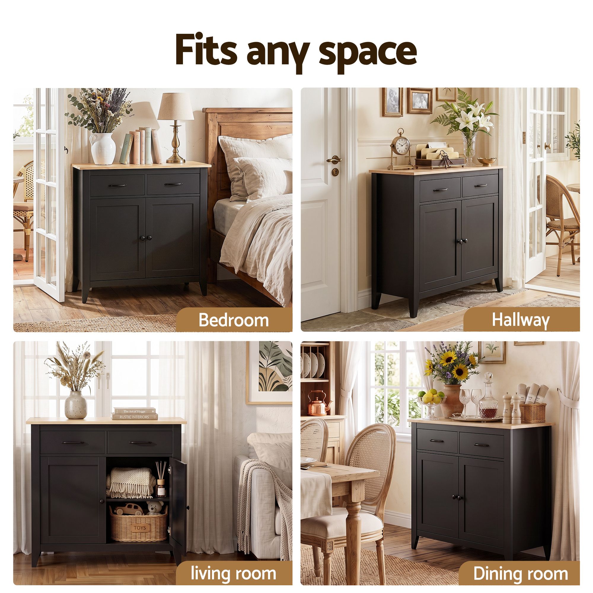 Artiss Buffet Sideboard Cabinet Kitchen Storage Cupboard Pantry 2 Drawers Black - Image 8
