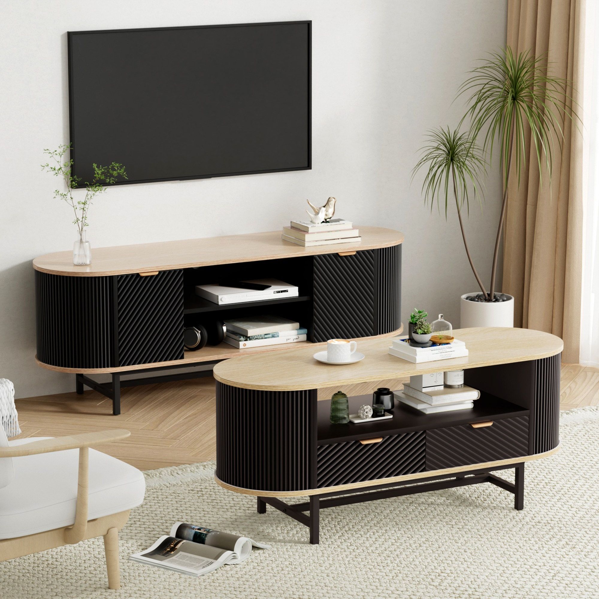 Artiss TV Unit & Coffee Table Set Storage Drawers Shelves Black Pine - Image 1