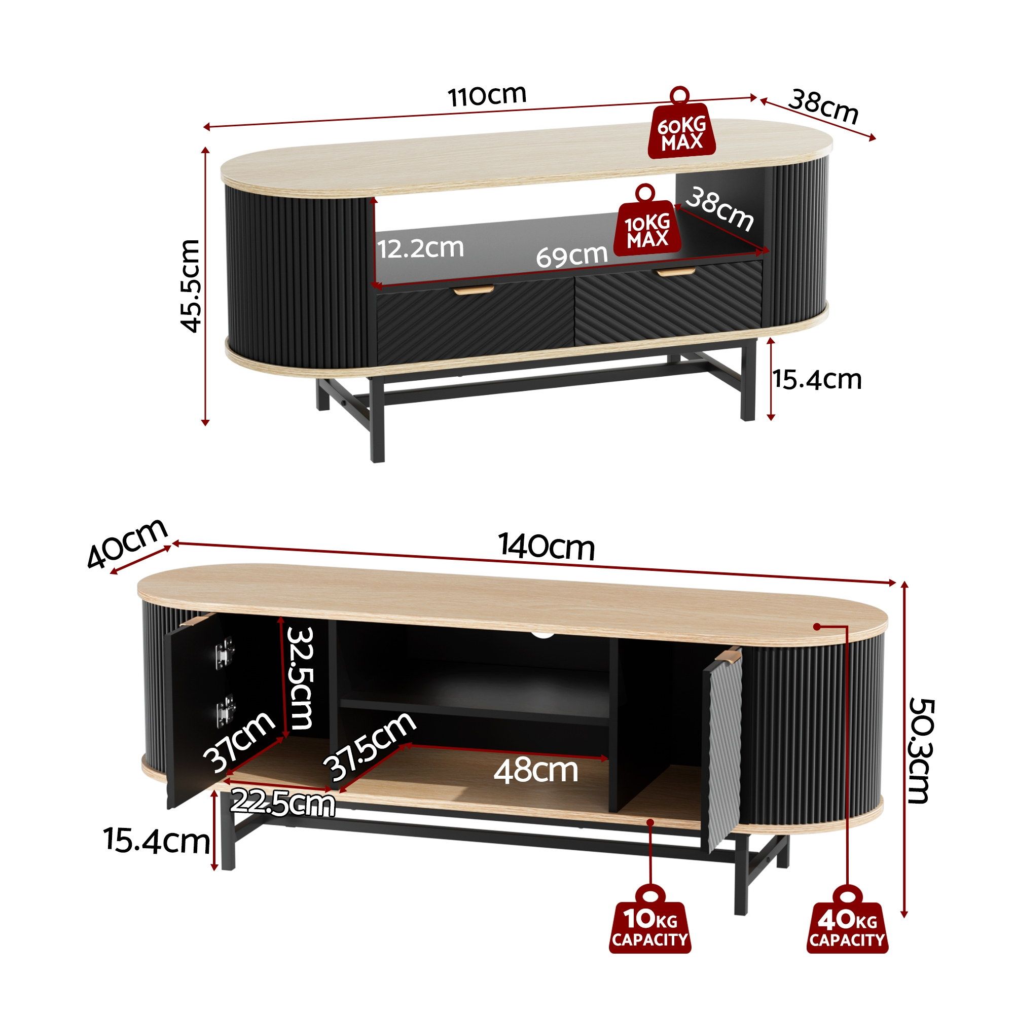 Artiss TV Unit & Coffee Table Set Storage Drawers Shelves Black Pine - Image 3